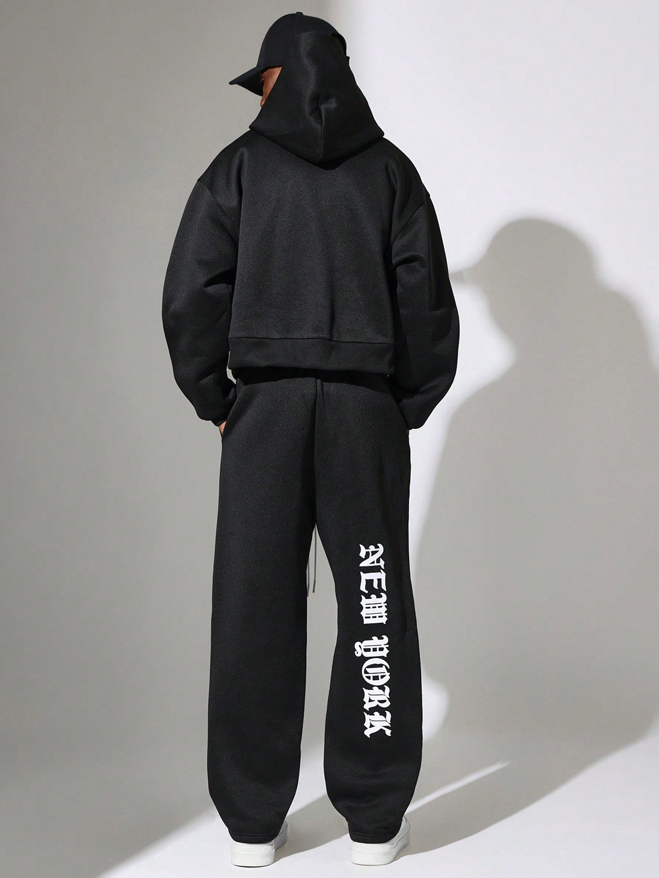 Crop Fit Overhead Hoodie And Straight Fit Drop Crotch Sweatpants With Small Graphic Print & Drawstrings 2 Piece Set