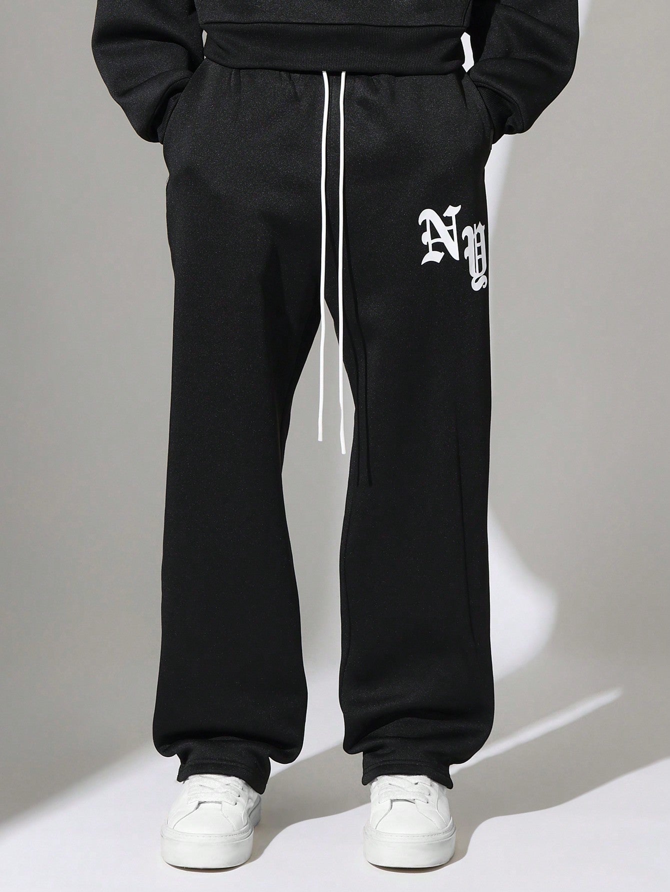 Crop Fit Overhead Hoodie And Straight Fit Drop Crotch Sweatpants With Small Graphic Print & Drawstrings 2 Piece Set