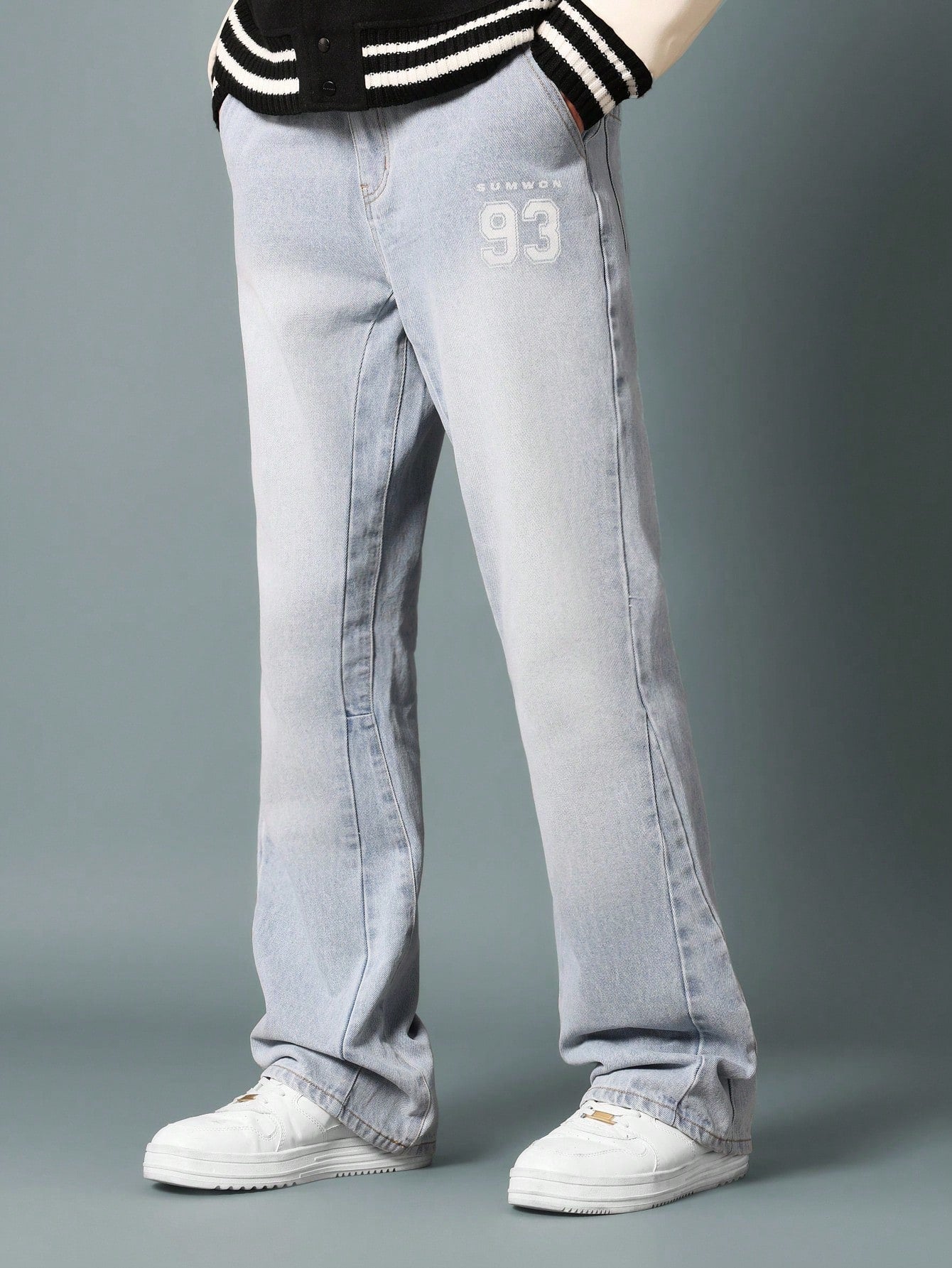 Flare Fit Denim Pants With Number Graphic