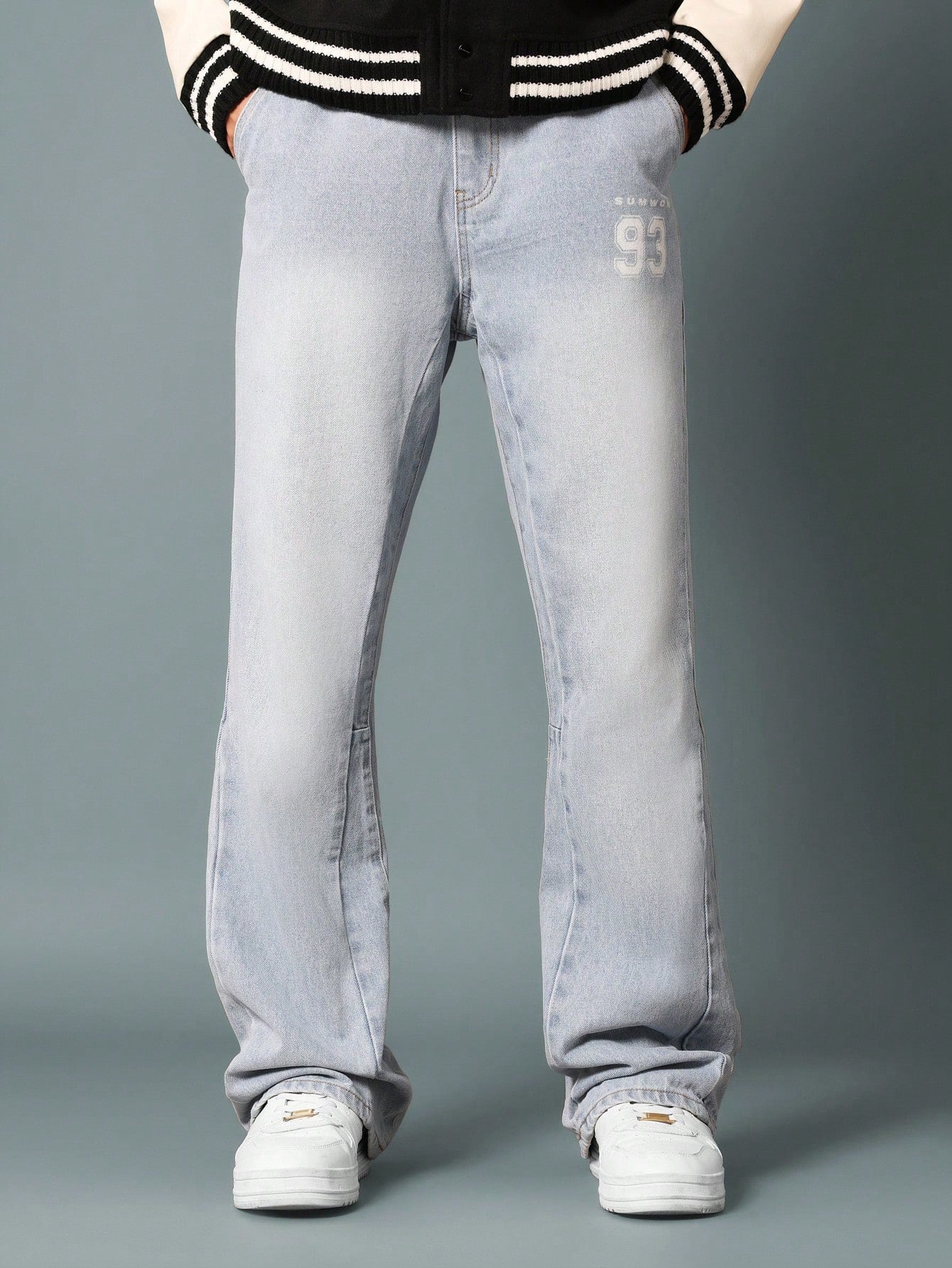 Flare Fit Denim Pants With Number Graphic