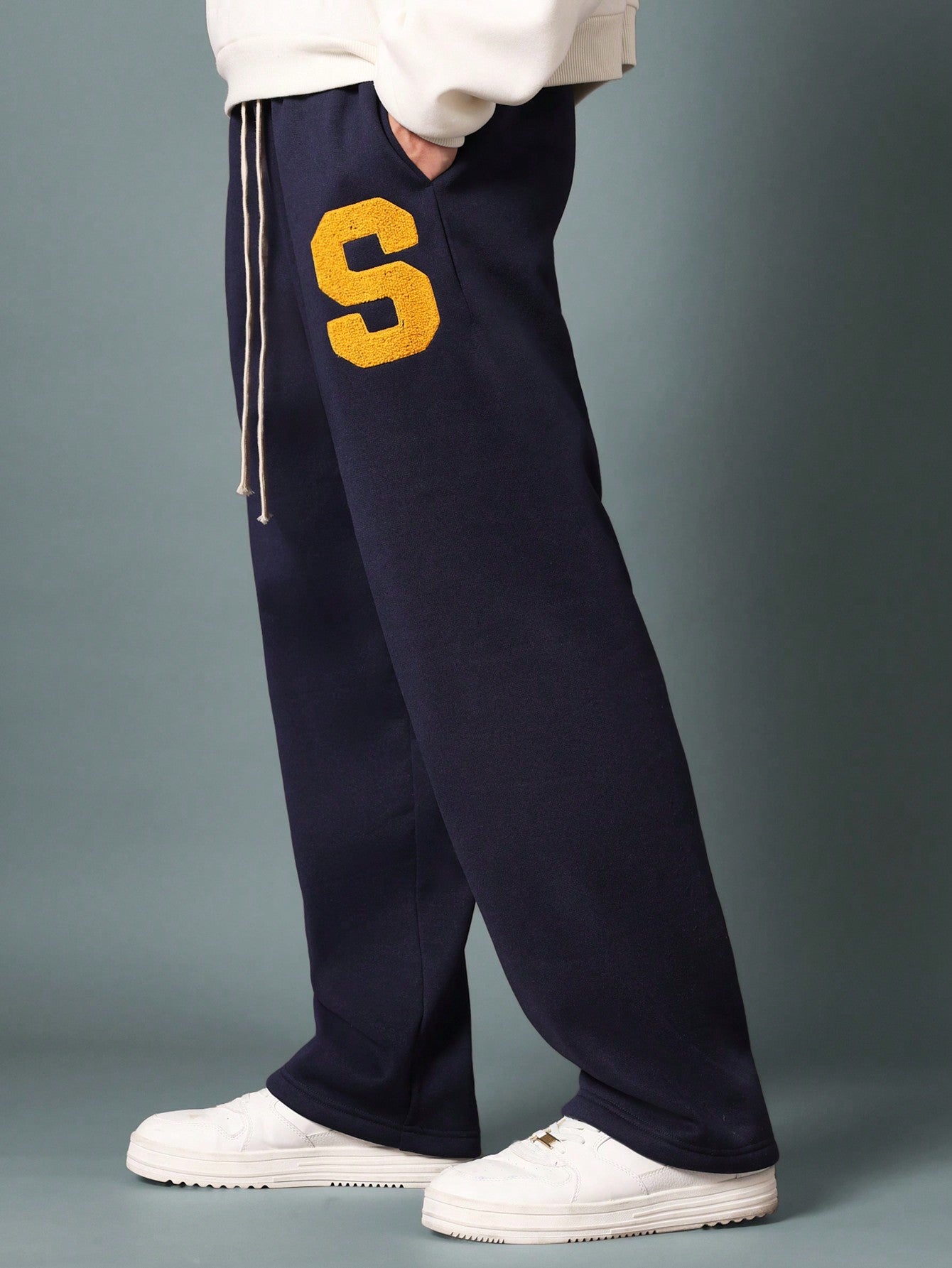 Drop Crotch Sweatpants With Towel Applique Embroidery & Drawcords