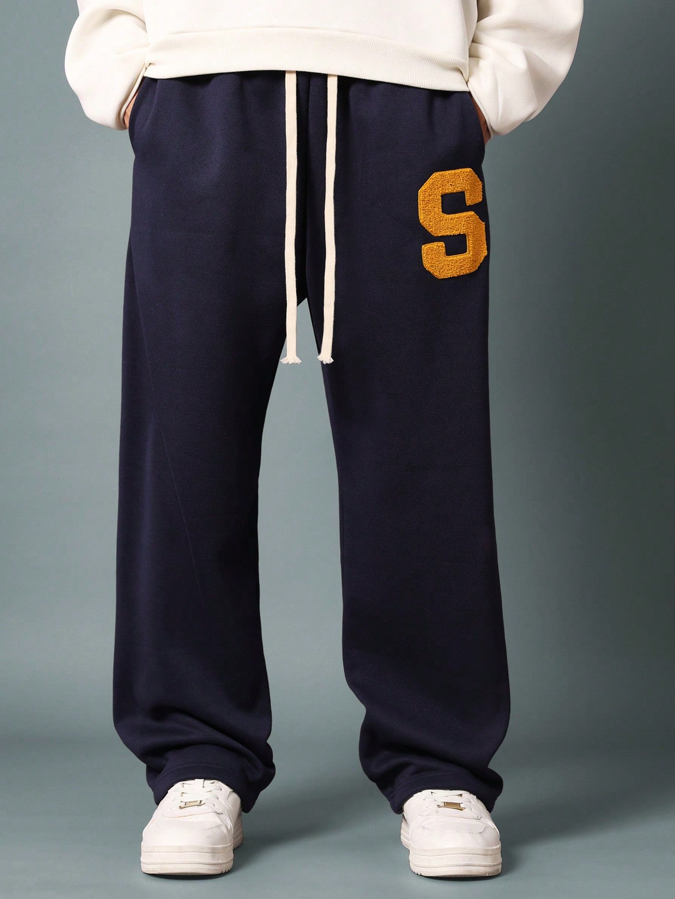 Drop Crotch Sweatpants With Towel Applique Embroidery & Drawcords