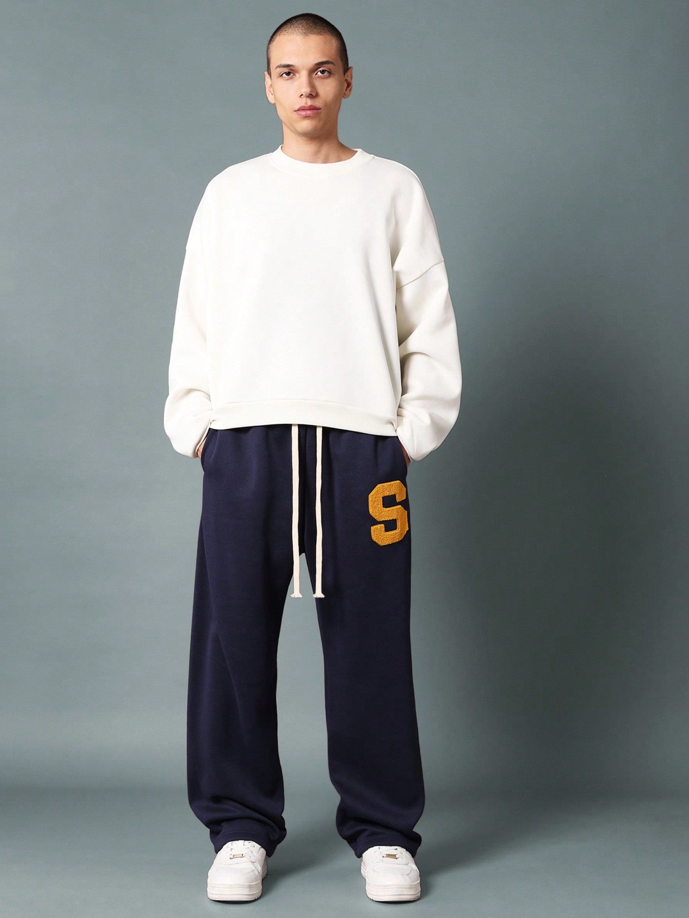 Drop Crotch Sweatpants With Towel Applique Embroidery & Drawcords