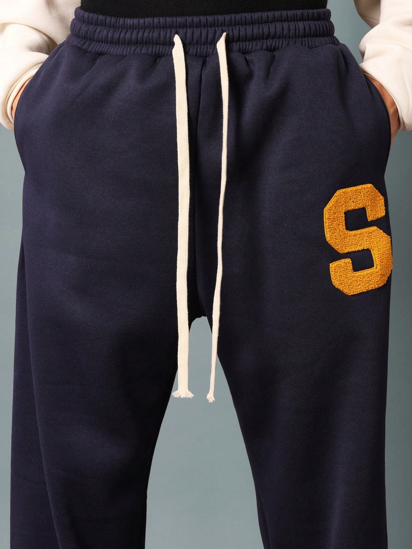 Drop Crotch Sweatpants With Towel Applique Embroidery & Drawcords