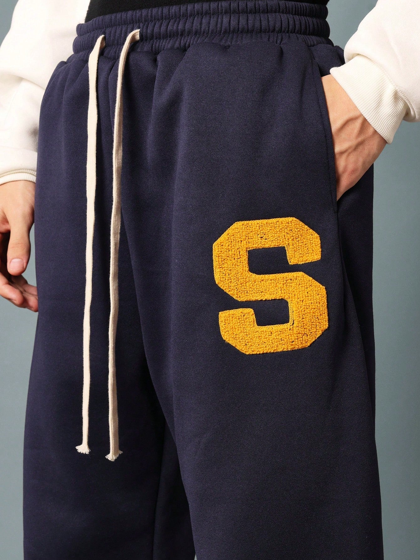 Drop Crotch Sweatpants With Towel Applique Embroidery & Drawcords