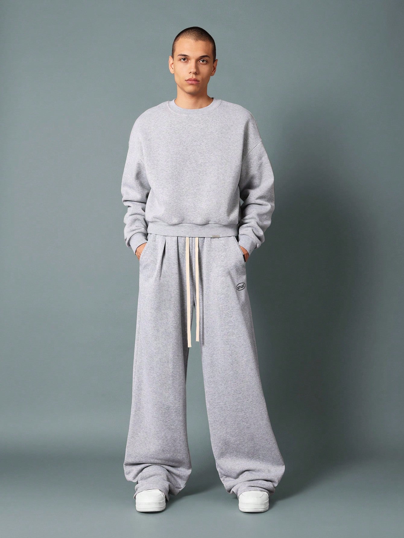 Wide Leg Drop Crotch Sweatpants With Pleats, Drawcords & Graphic Print