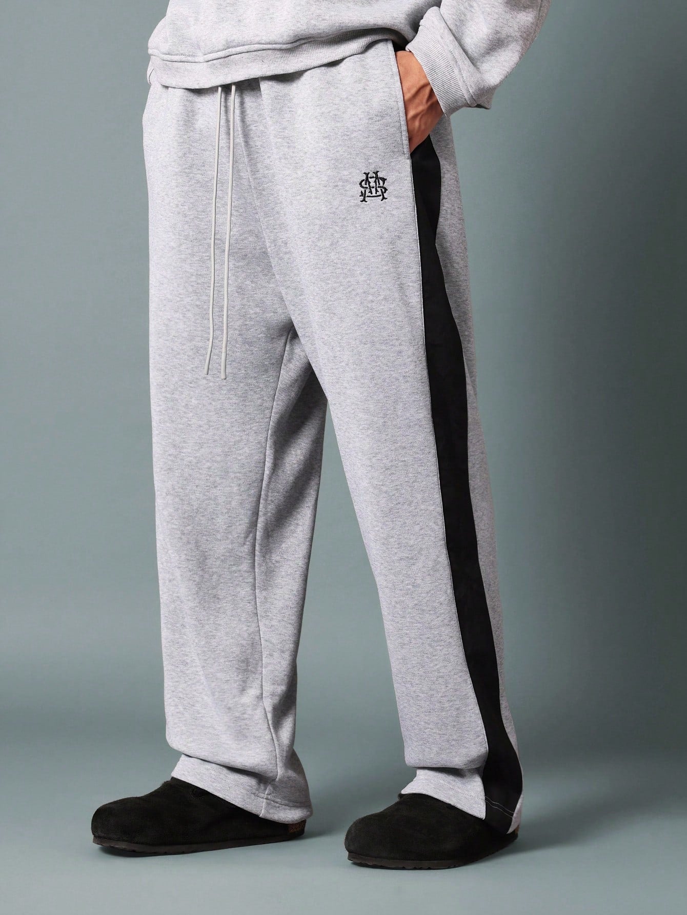 Drop Crotch Sweatpants With Embroidery & Side Contrast Panel