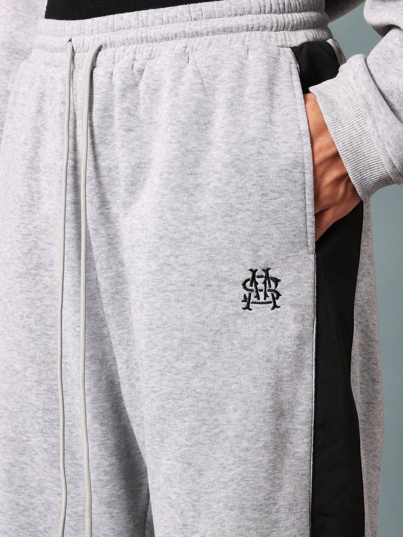 Drop Crotch Sweatpants With Embroidery & Side Contrast Panel