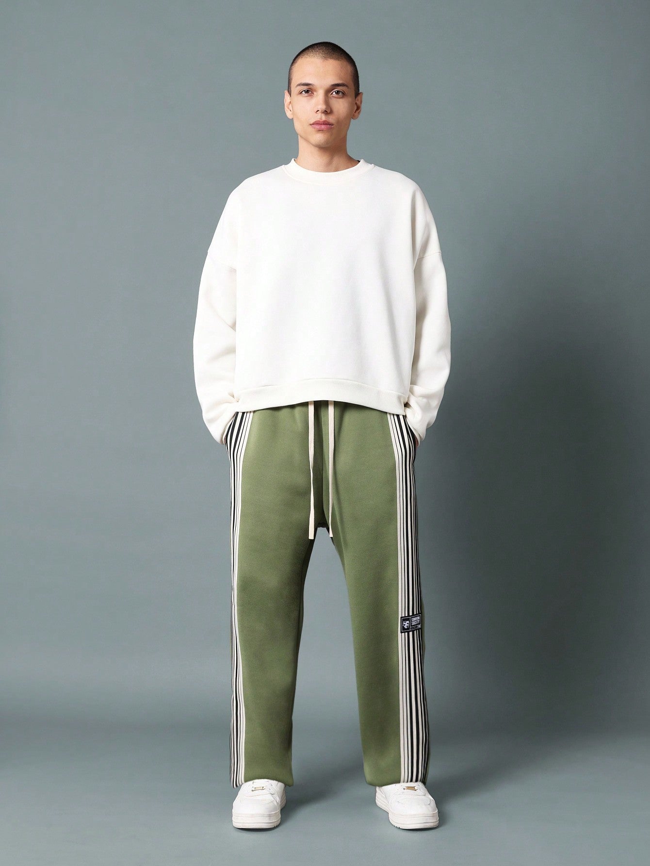 Pull On Wide Fit Drop Crotch Sweatpants With Side Stripe Tape