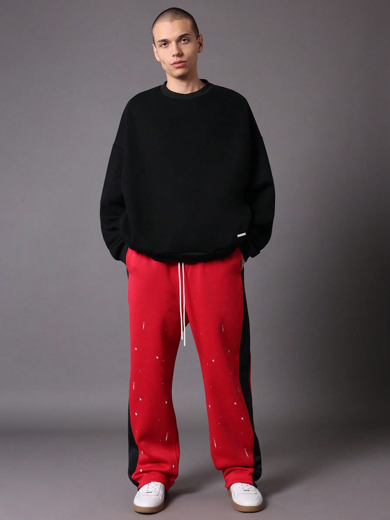 Straight Fit Contrast Side Panel Sweatpants With Drawstrings & Splatter Paint