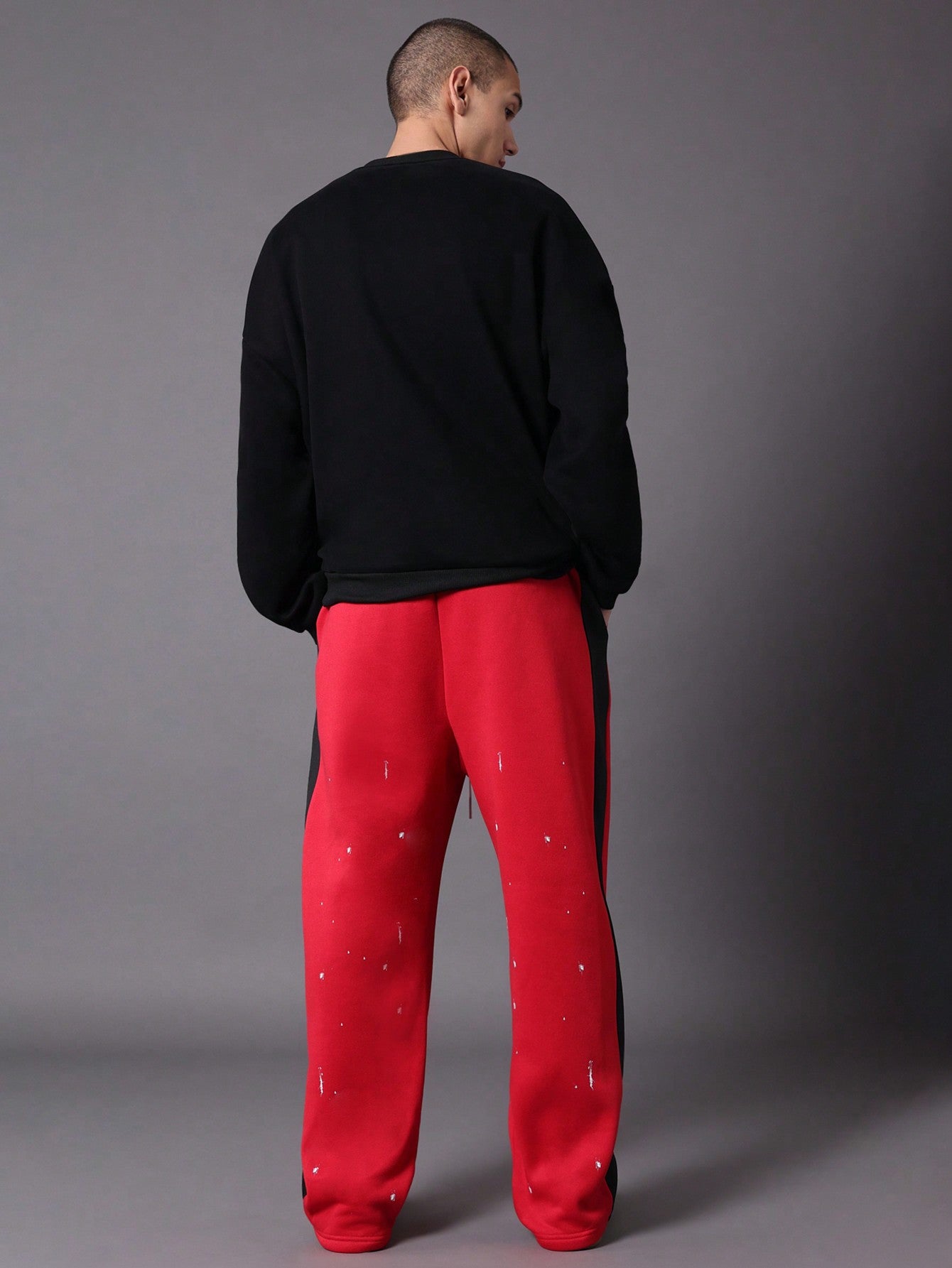 Straight Fit Contrast Side Panel Sweatpants With Drawstrings & Splatter Paint