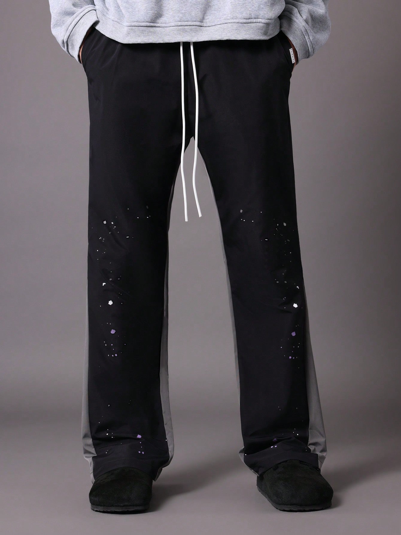 Flare Fit Colour Block Panel Nylon Pants With Paint Splatter