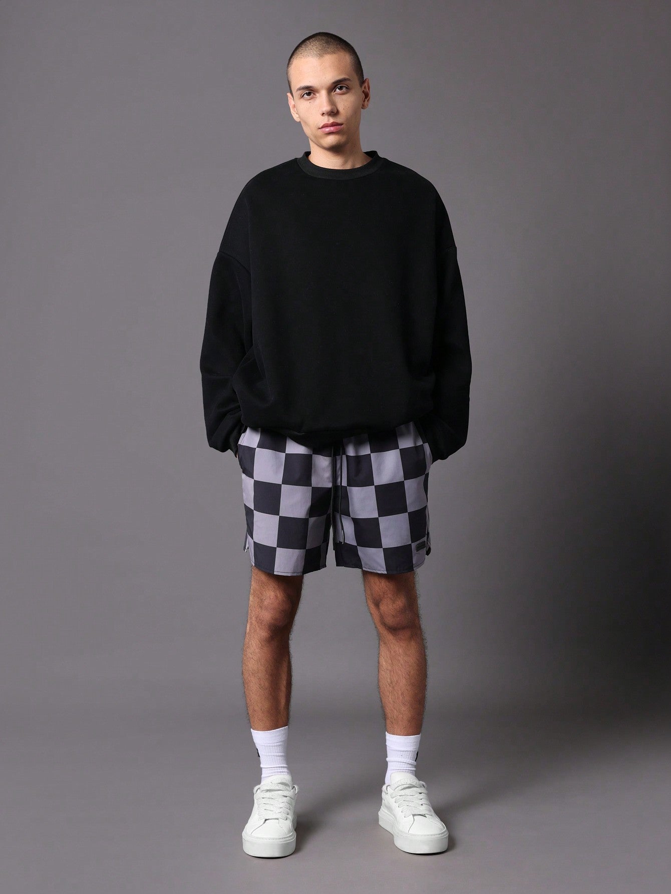 Checkerboard Nylon Shorts With Slits