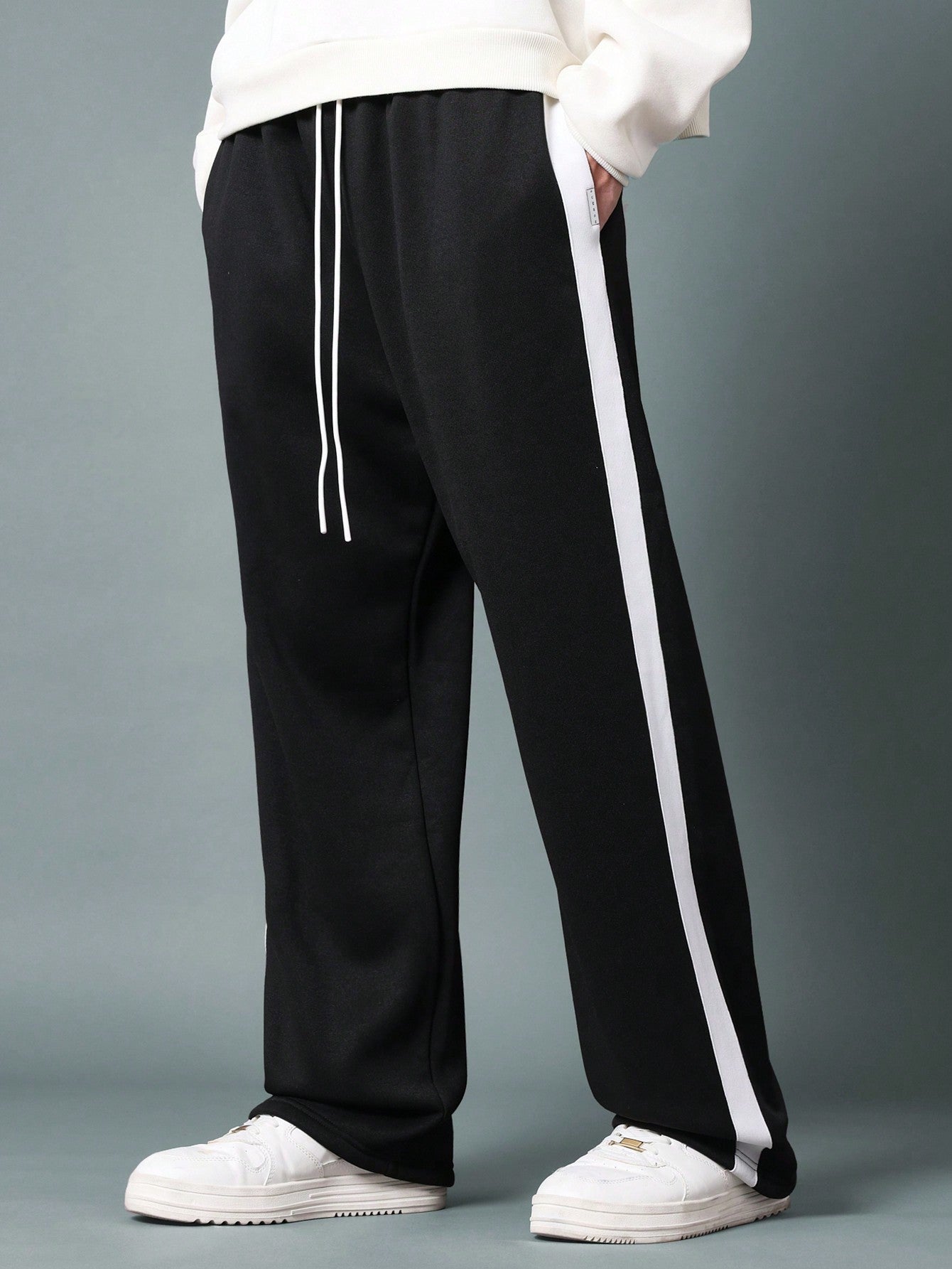 Straight Fit Drop Crotch Sweatpants With Side Tape Detail & Drawstrings