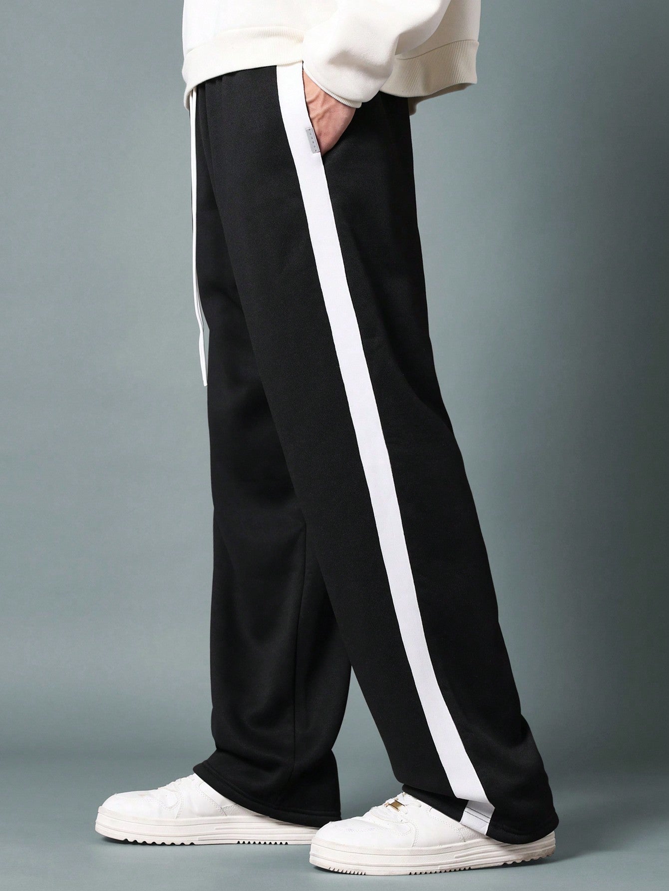 Straight Fit Drop Crotch Sweatpants With Side Tape Detail & Drawstrings