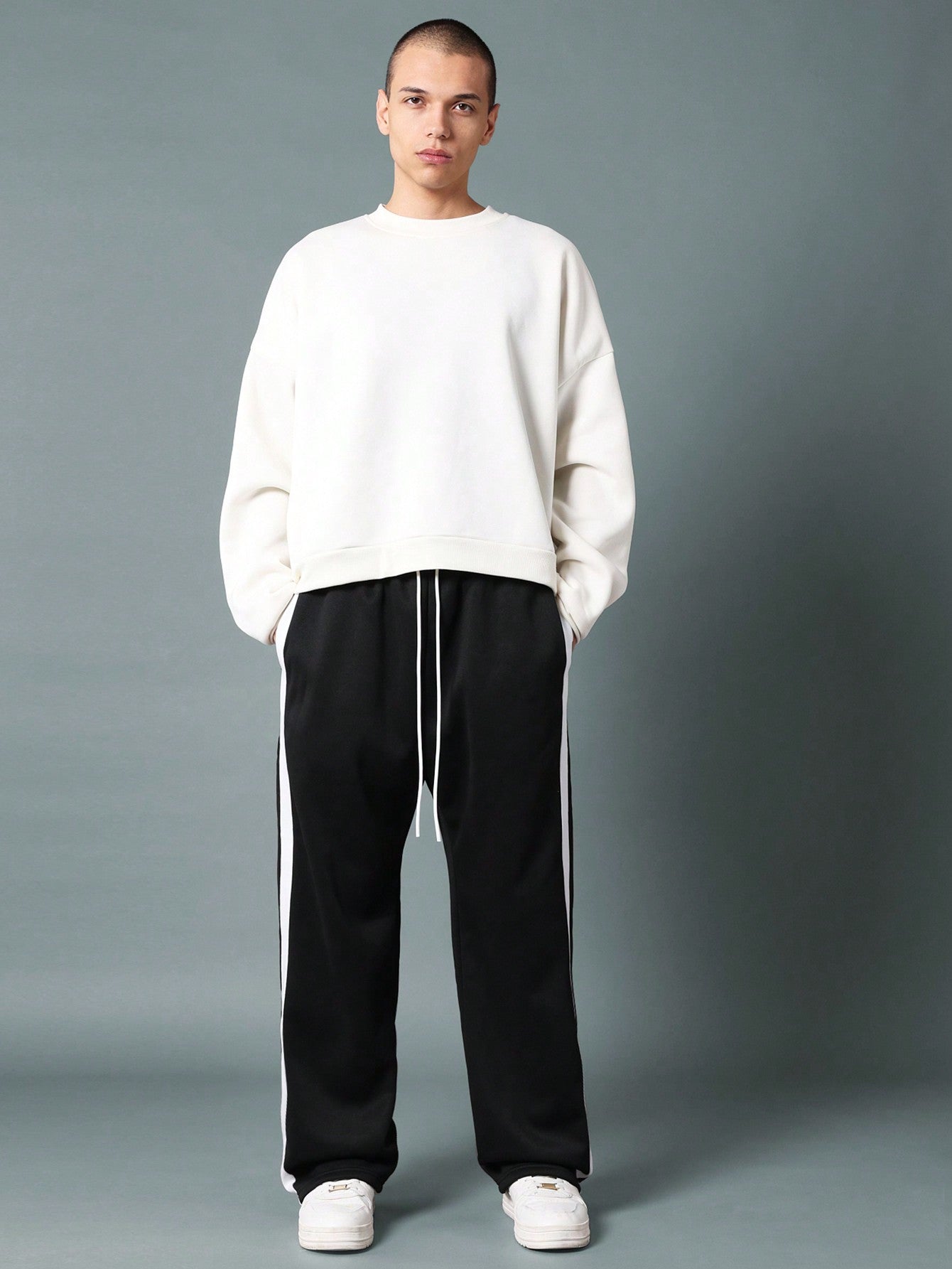 Straight Fit Drop Crotch Sweatpants With Side Tape Detail & Drawstrings