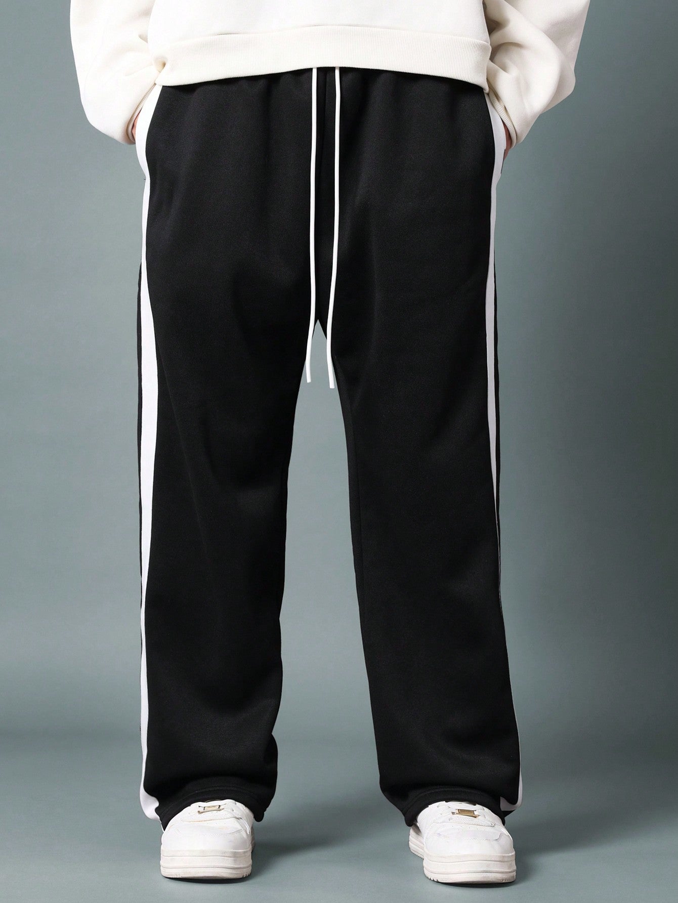 Straight Fit Drop Crotch Sweatpants With Side Tape Detail & Drawstrings