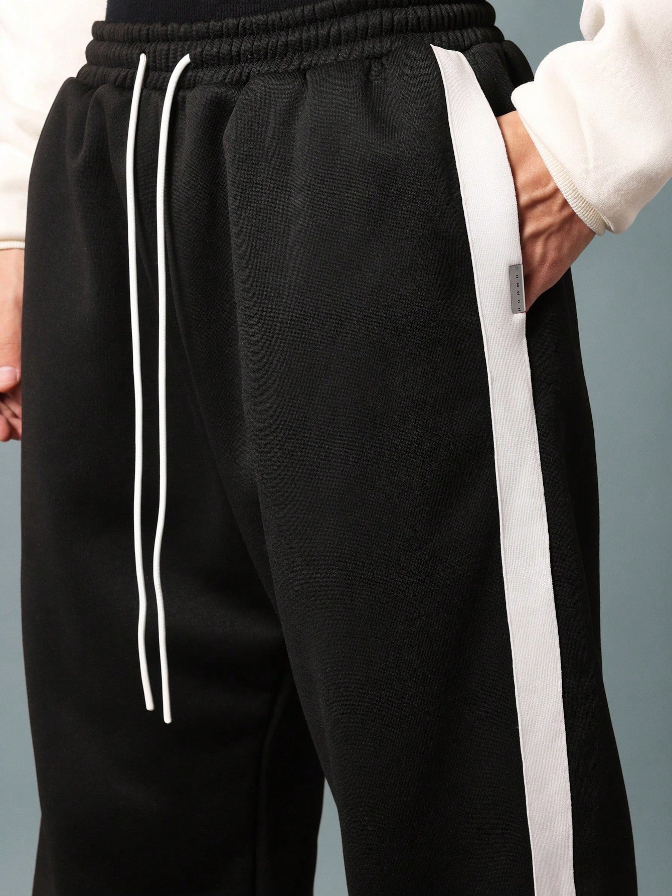 Straight Fit Drop Crotch Sweatpants With Side Tape Detail & Drawstrings