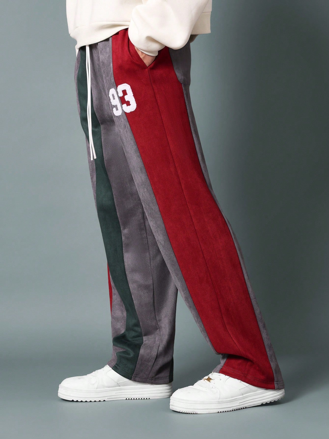 Drop Crotch Colour Block Panelled Sweatpants With Towel Applique Embroidery Drawstrings