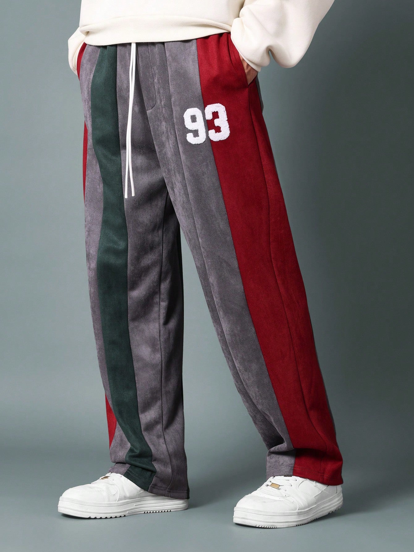 Drop Crotch Colour Block Panelled Sweatpants With Towel Applique Embroidery Drawstrings