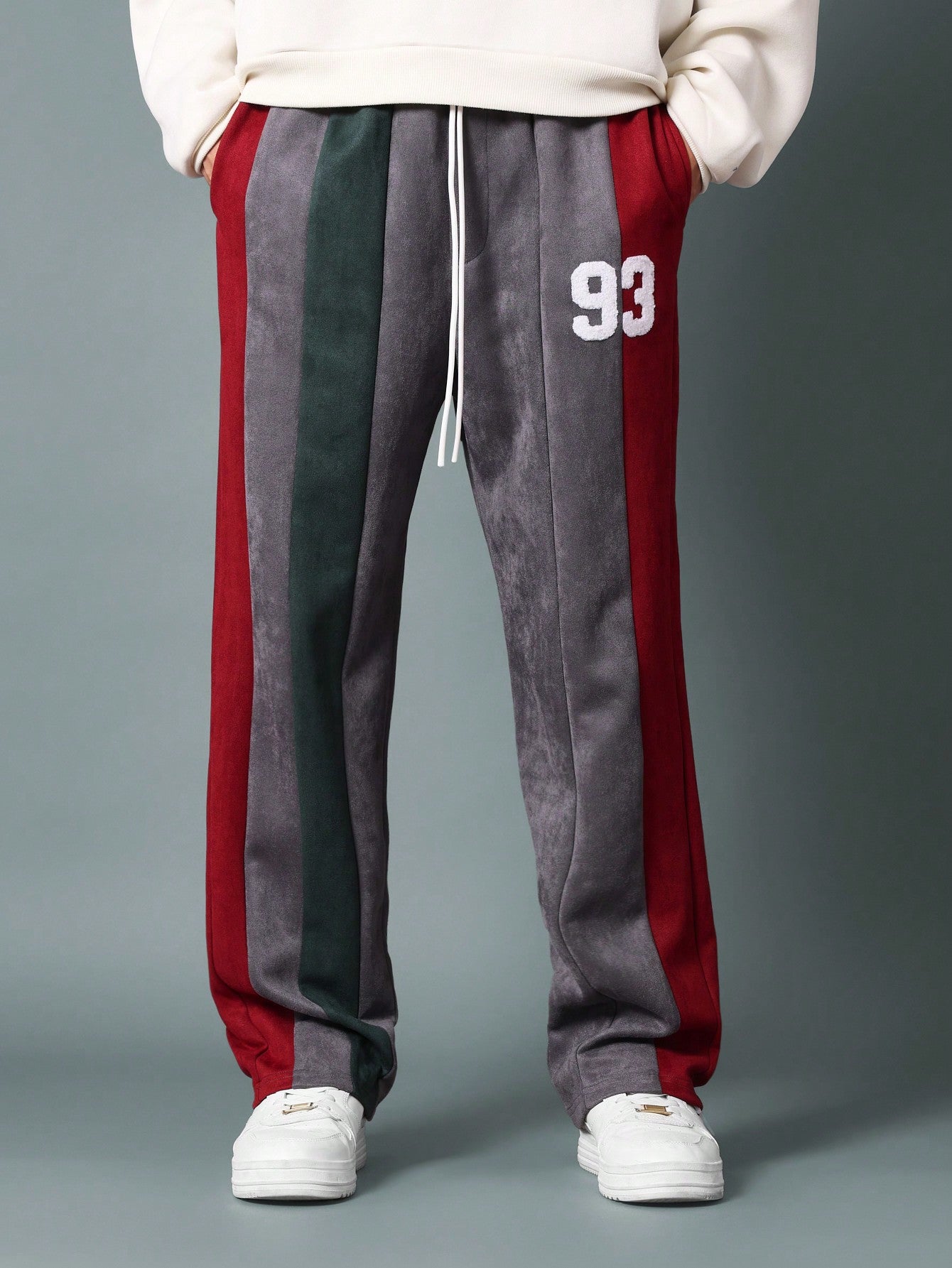 Drop Crotch Colour Block Panelled Sweatpants With Towel Applique Embroidery Drawstrings