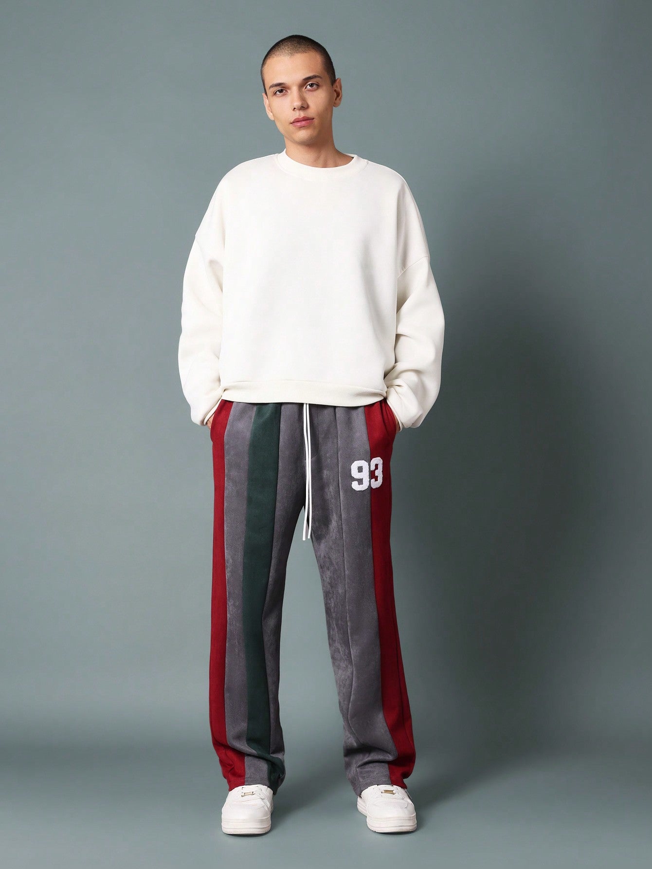 Drop Crotch Colour Block Panelled Sweatpants With Towel Applique Embroidery Drawstrings