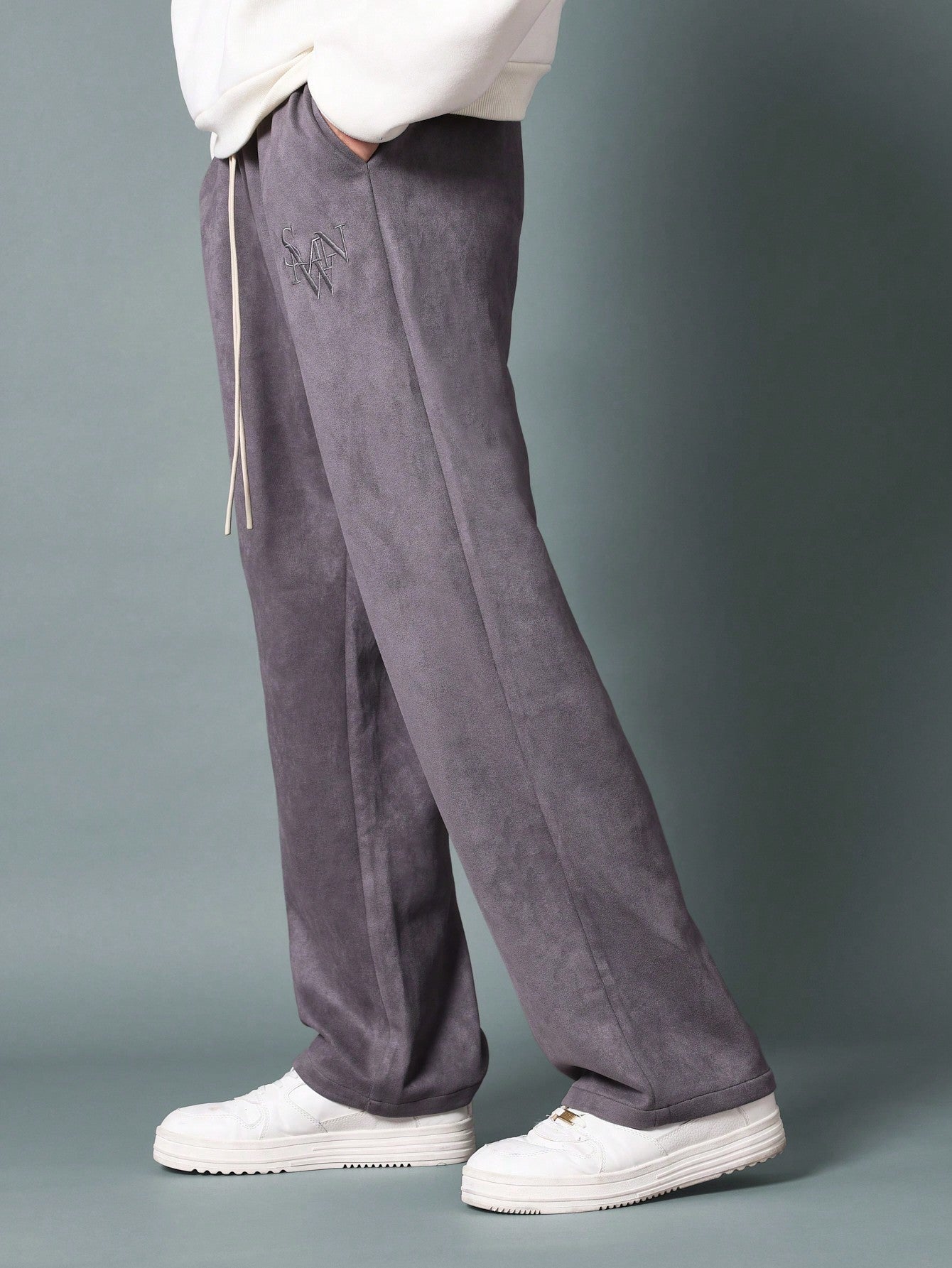 Skater Fit Suedette Sweatpants With Embroidery Patter & Drawstrings