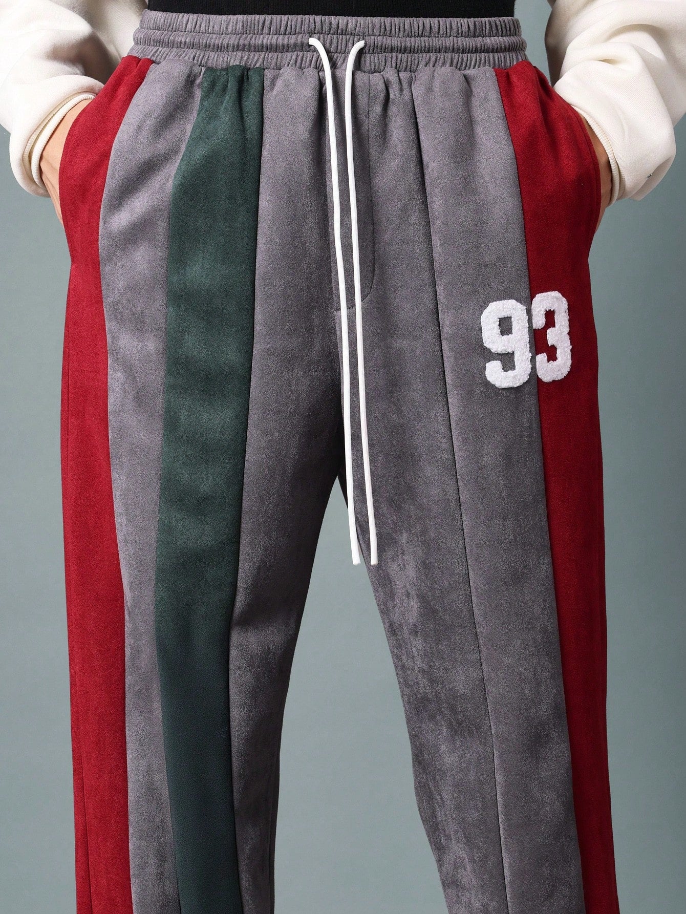 Drop Crotch Colour Block Panelled Sweatpants With Towel Applique Embroidery Drawstrings