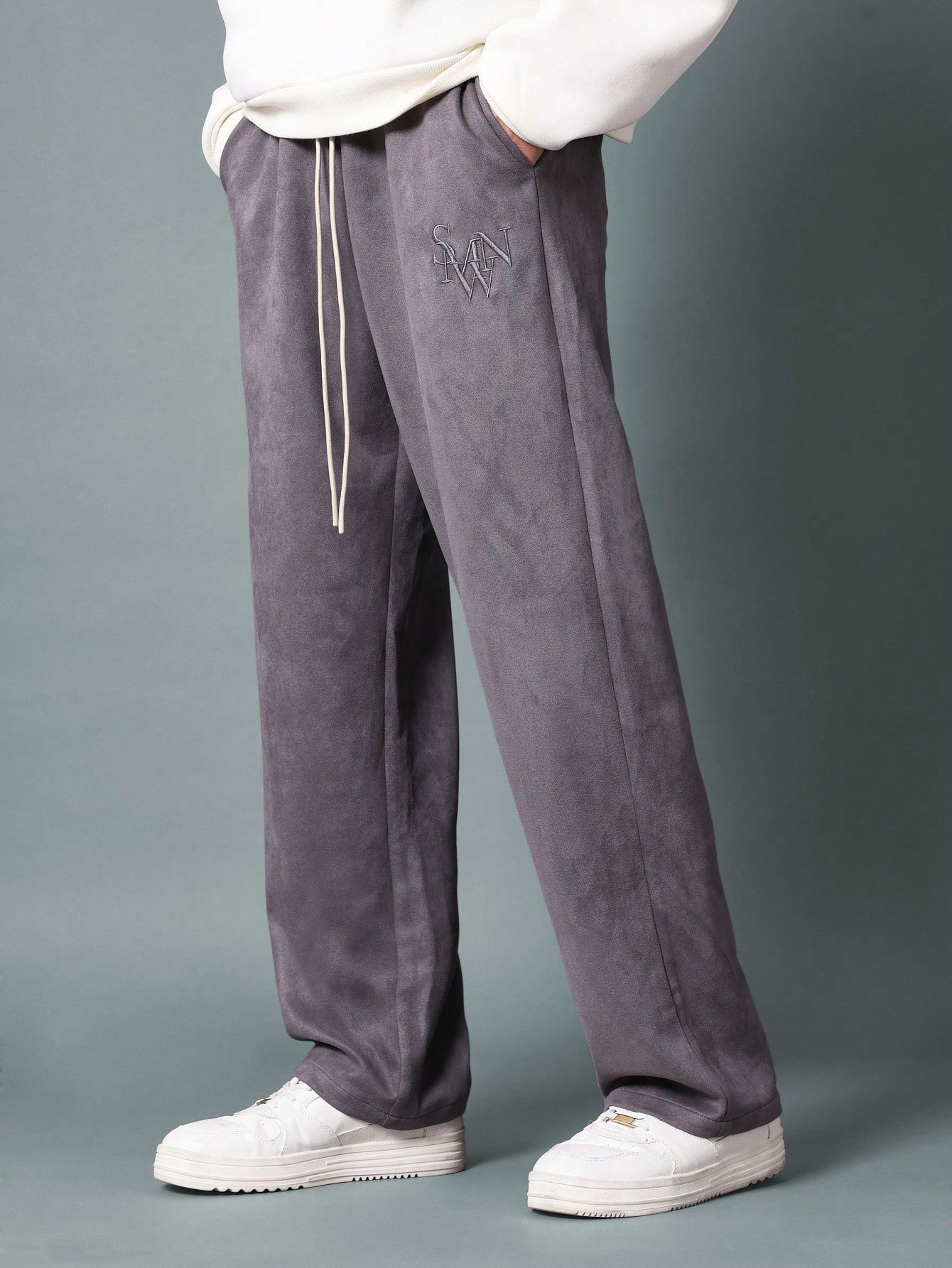 Skater Fit Suedette Sweatpants With Embroidery Patter & Drawstrings