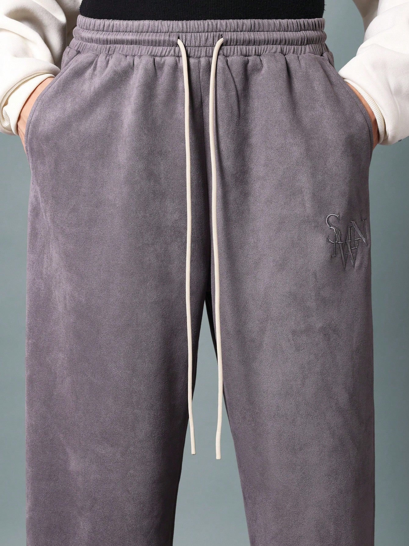 Skater Fit Suedette Sweatpants With Embroidery Patter & Drawstrings