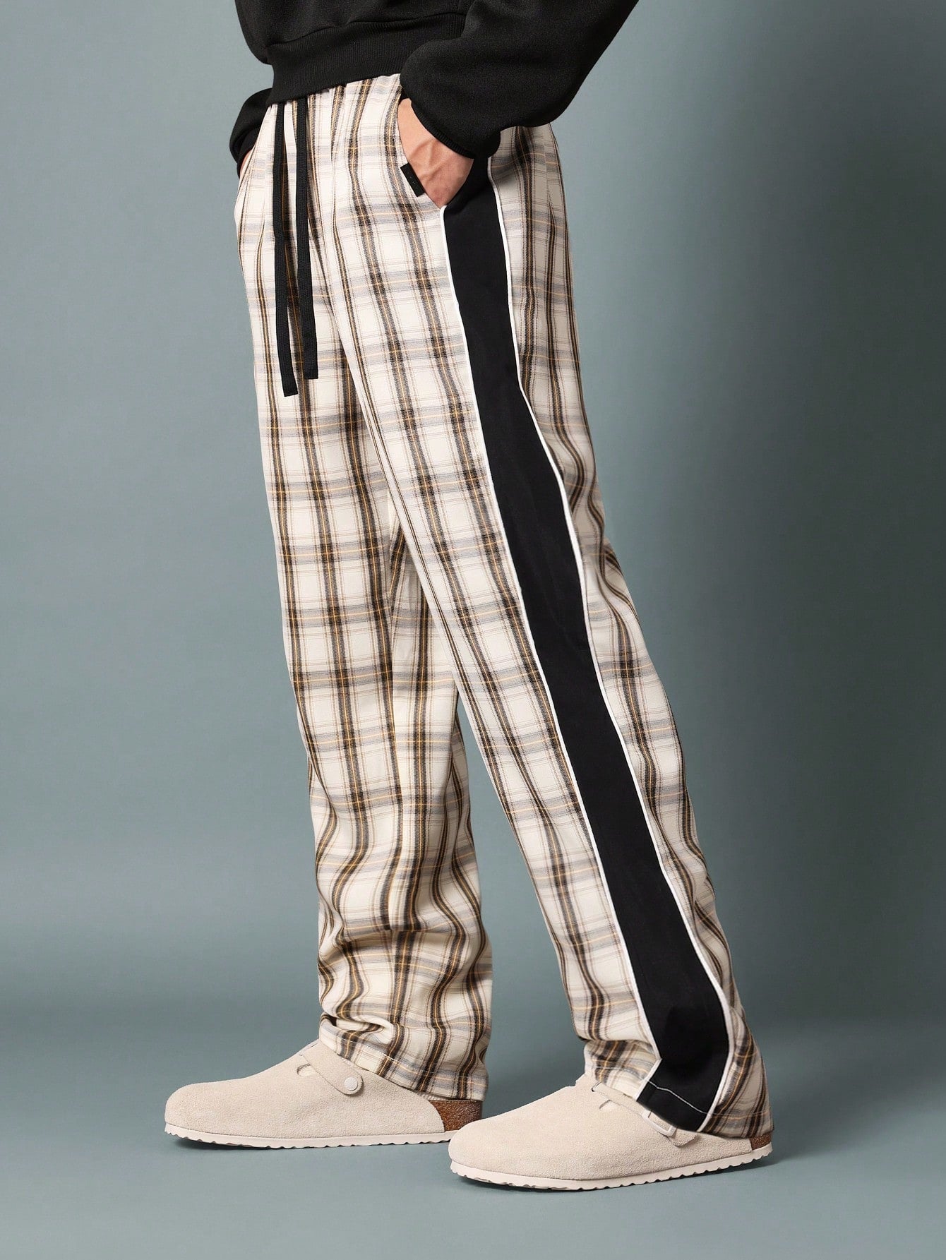 Straight Fit Pull On Check Pant With Contrast Colour Side Panel Detail