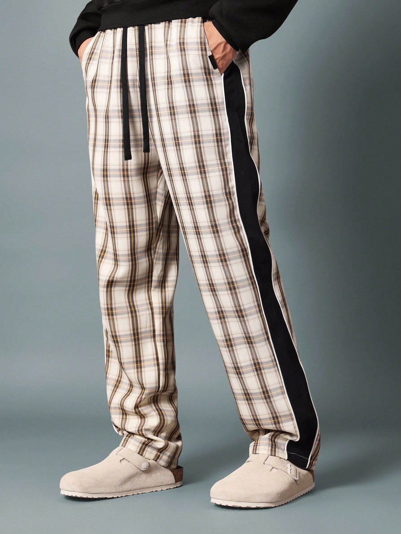 Straight Fit Pull On Check Pant With Contrast Colour Side Panel Detail