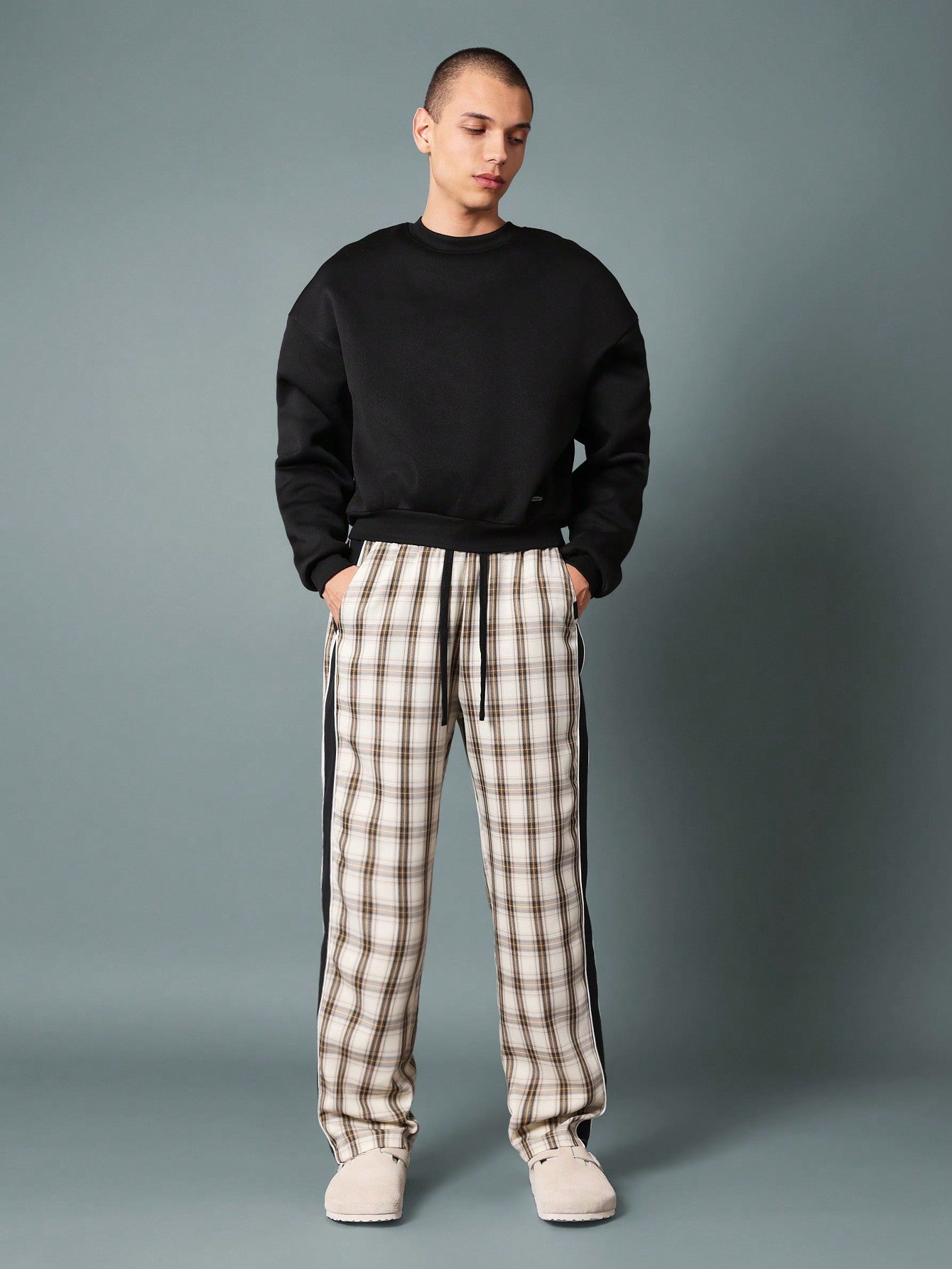 Straight Fit Pull On Check Pant With Contrast Colour Side Panel Detail