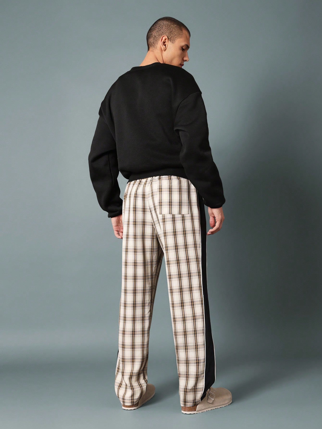 Straight Fit Pull On Check Pant With Contrast Colour Side Panel Detail