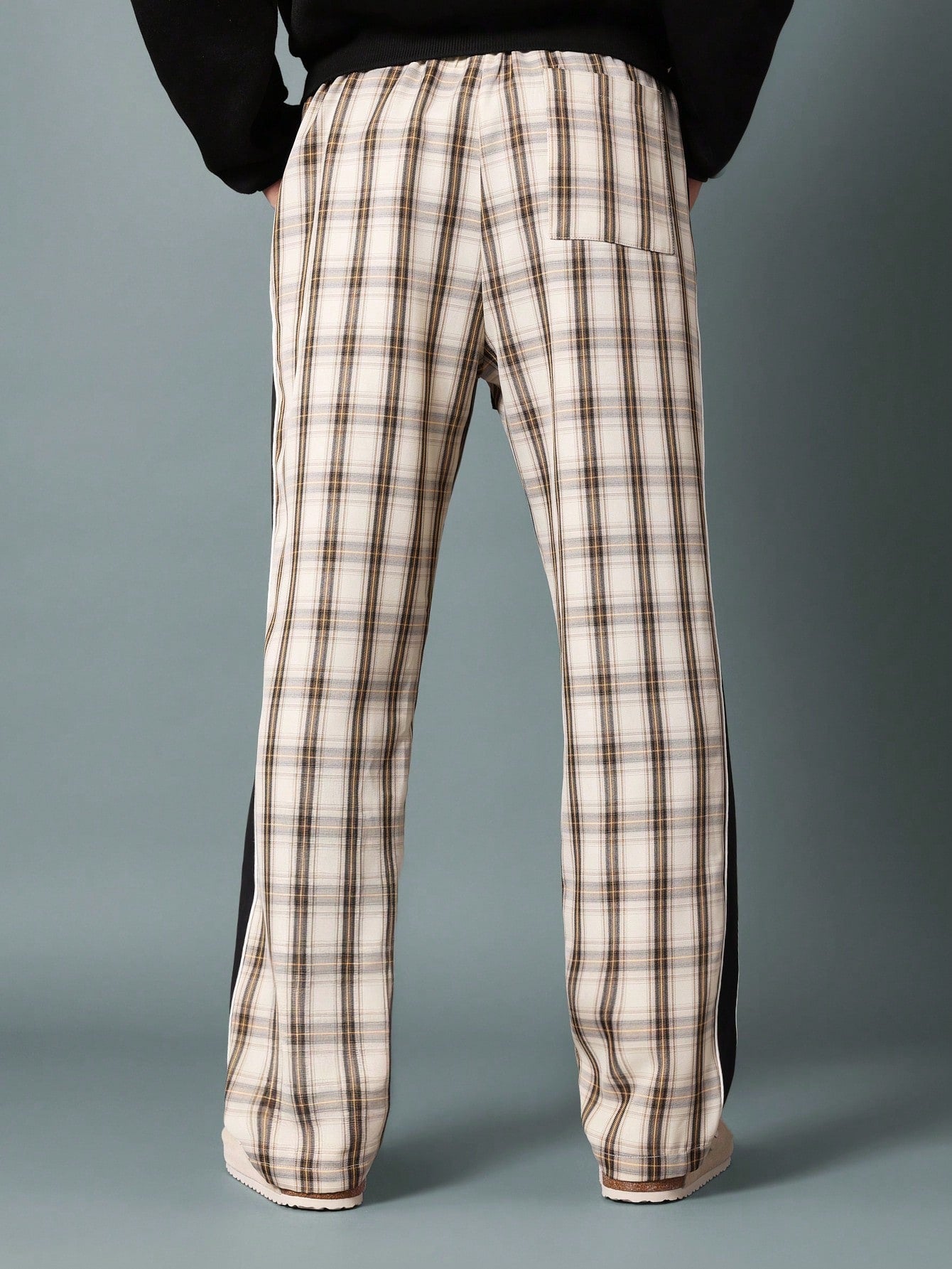 Straight Fit Pull On Check Pant With Contrast Colour Side Panel Detail