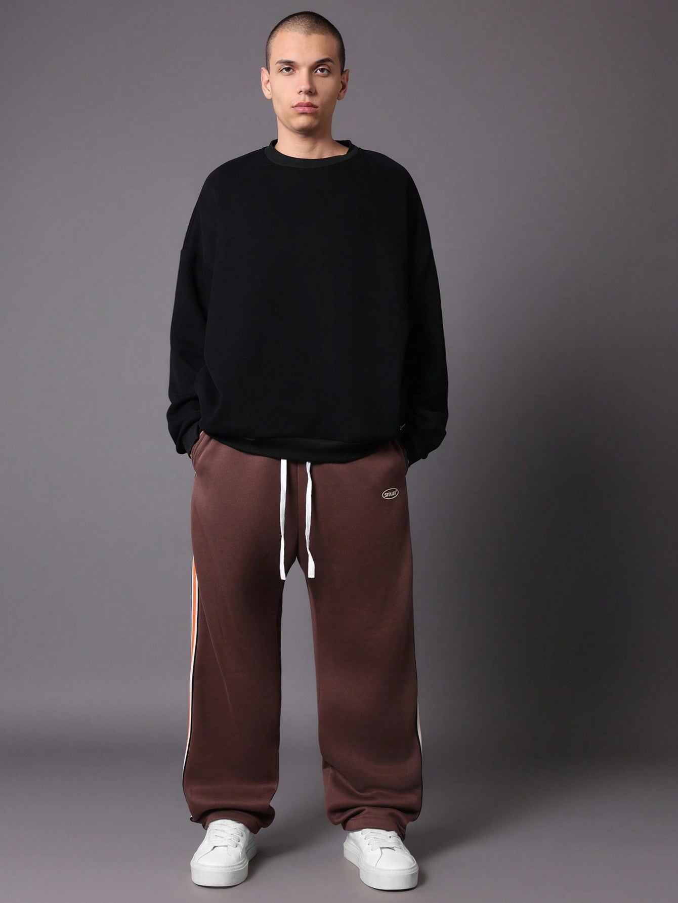 Drop Crotch Sweatpants With Side Tape & Small Graphic Print