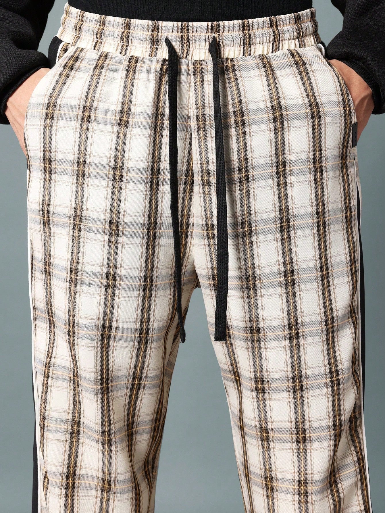 Straight Fit Pull On Check Pant With Contrast Colour Side Panel Detail