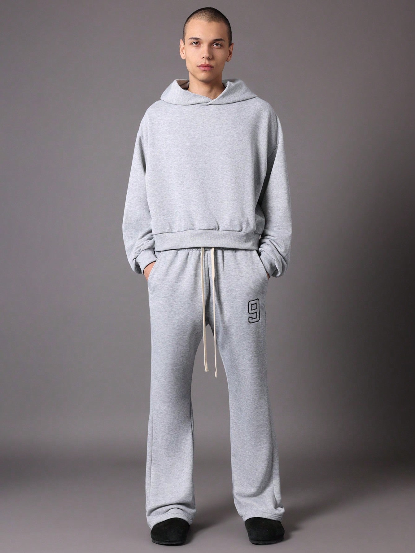 Crop Fit Overhead Hoodie And Flare Fit Sweatpants With Embroidery 2 Piece Set