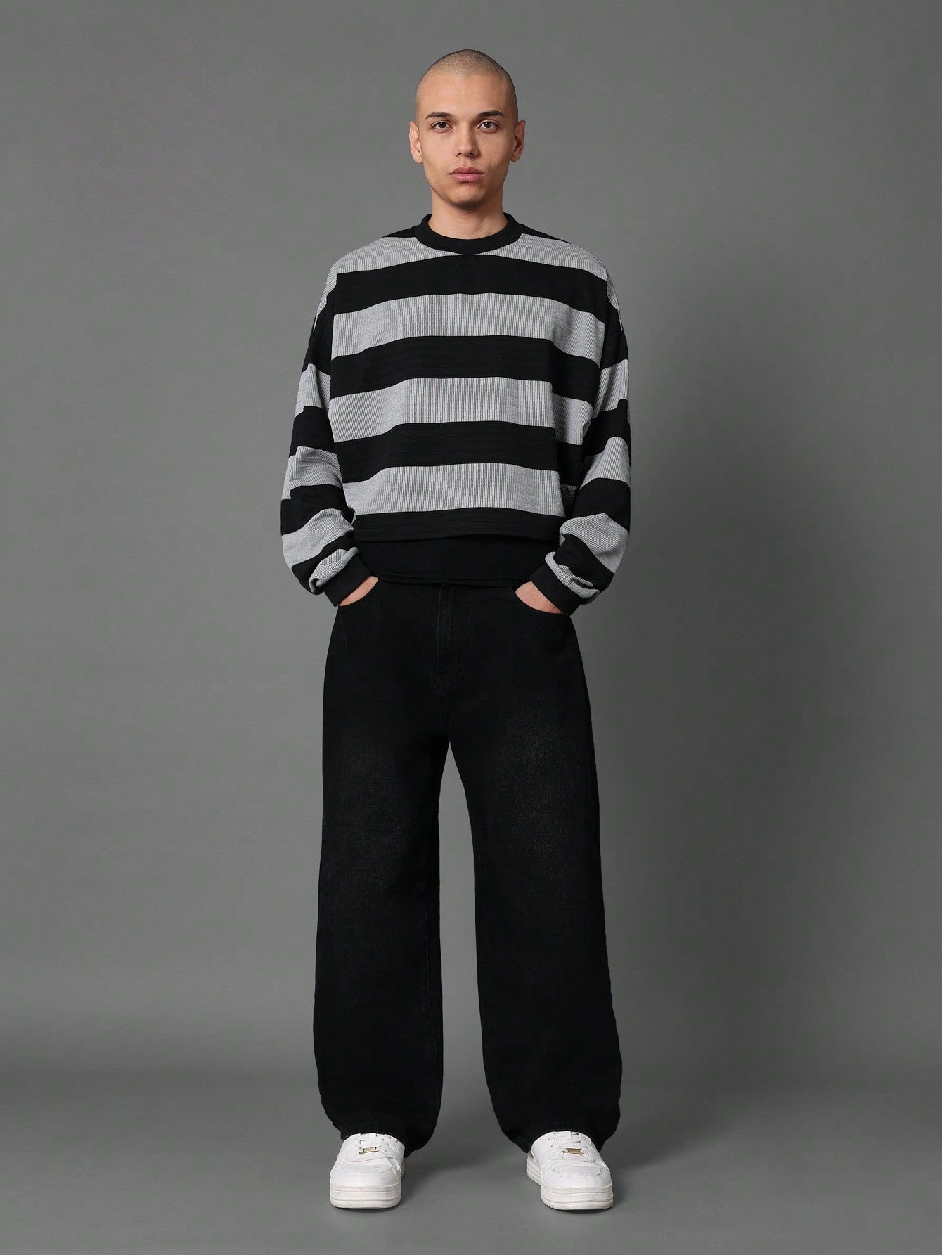 Crop Fit Textured Stripes Crew Neck Sweatshirt