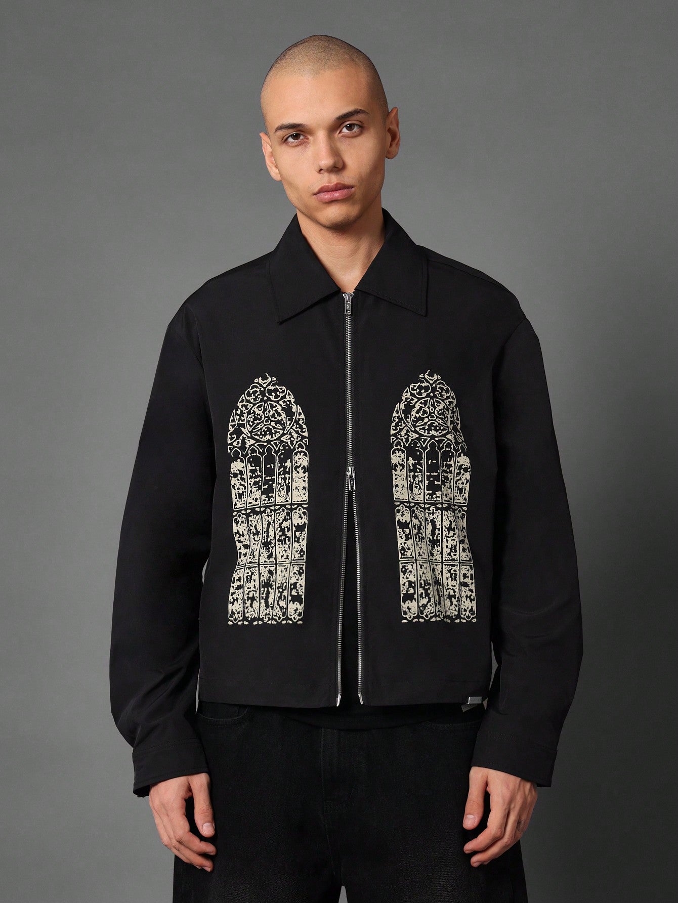 Crop Fit Zip-Up Nylon Jacket With Window Graphic Print