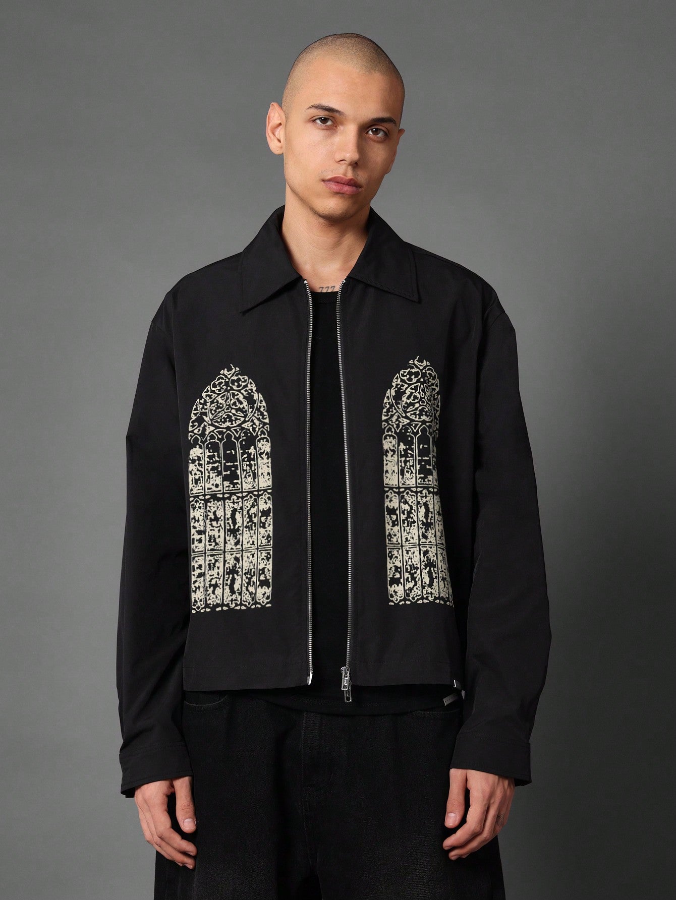 Crop Fit Zip-Up Nylon Jacket With Window Graphic Print