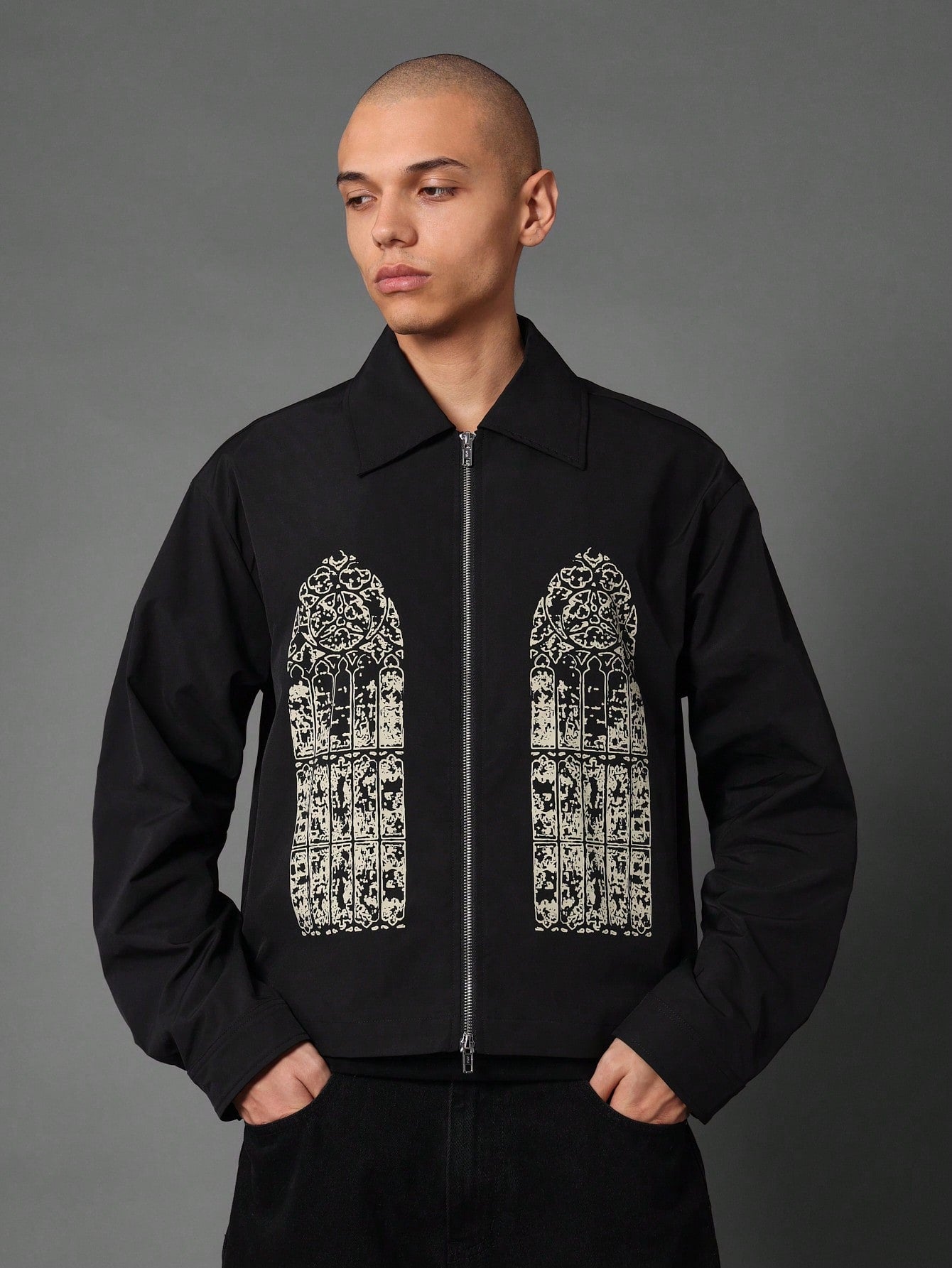 Crop Fit Zip-Up Nylon Jacket With Window Graphic Print