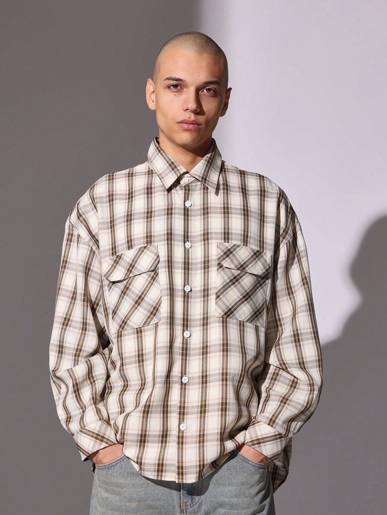 Oversized Fit Check Long Sleeve Utility Shirt