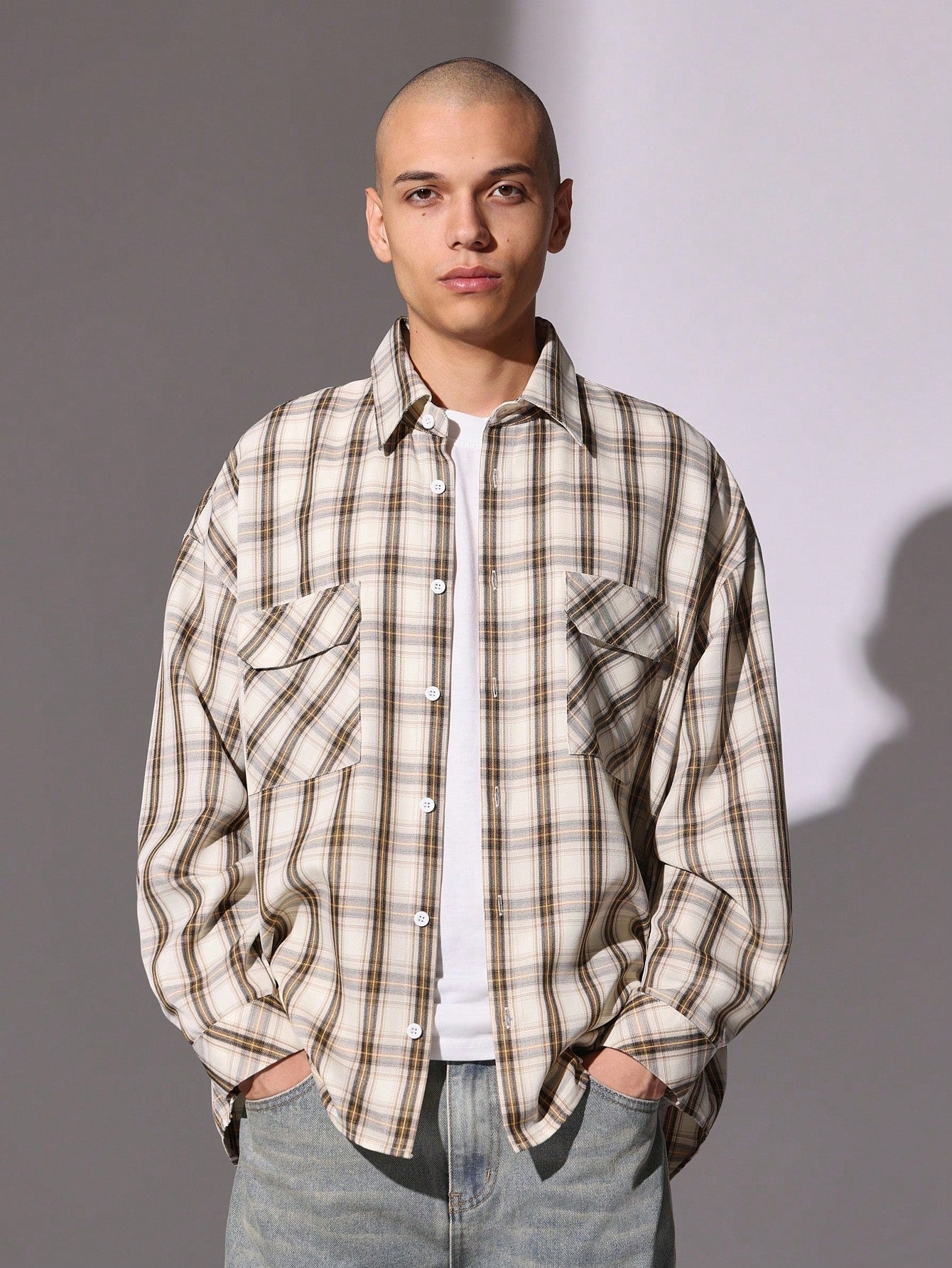 Oversized Fit Check Long Sleeve Utility Shirt