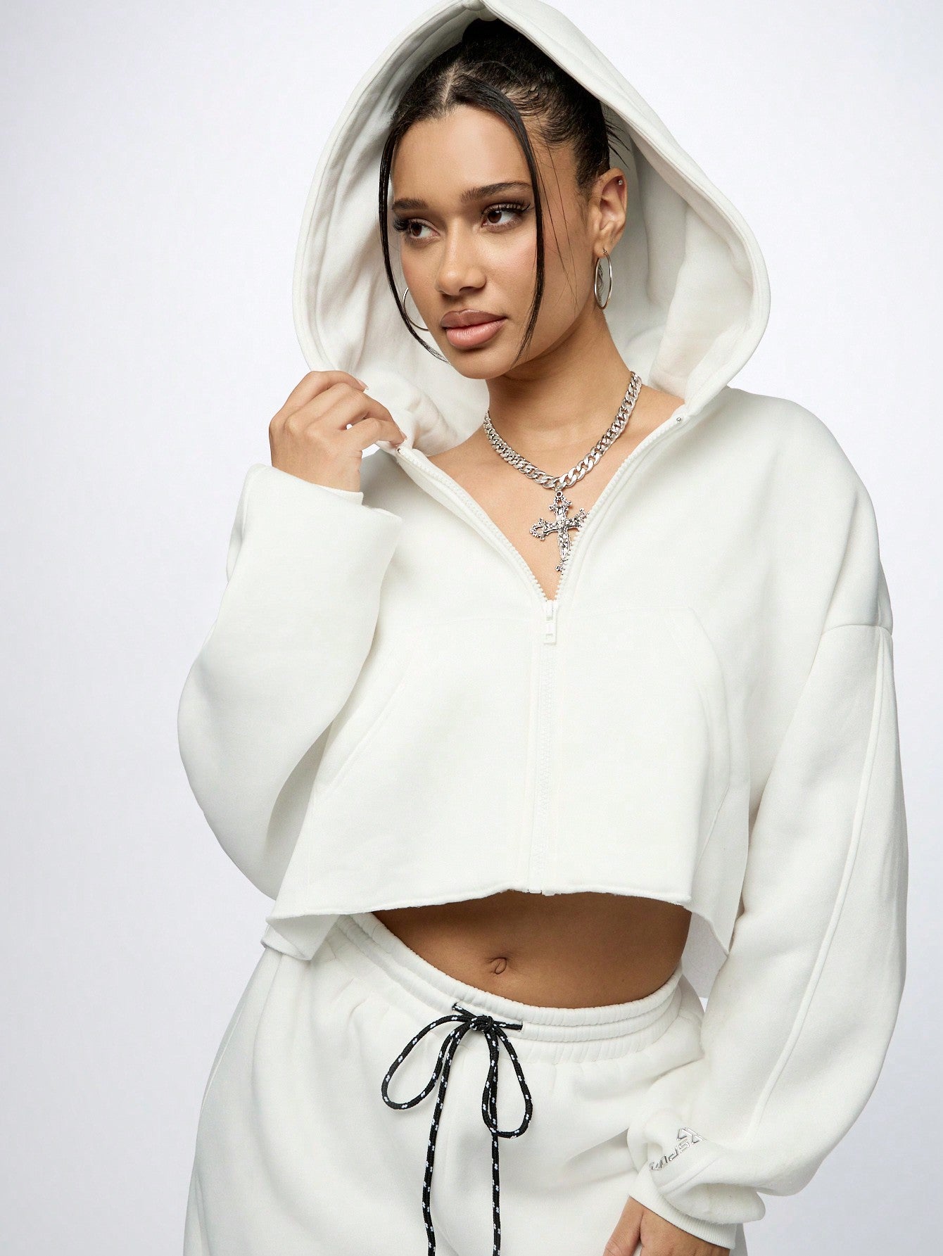 SUMWON WOMEN Oversized Crop Zip Up Hoodie And Wide Leg Jogger Set