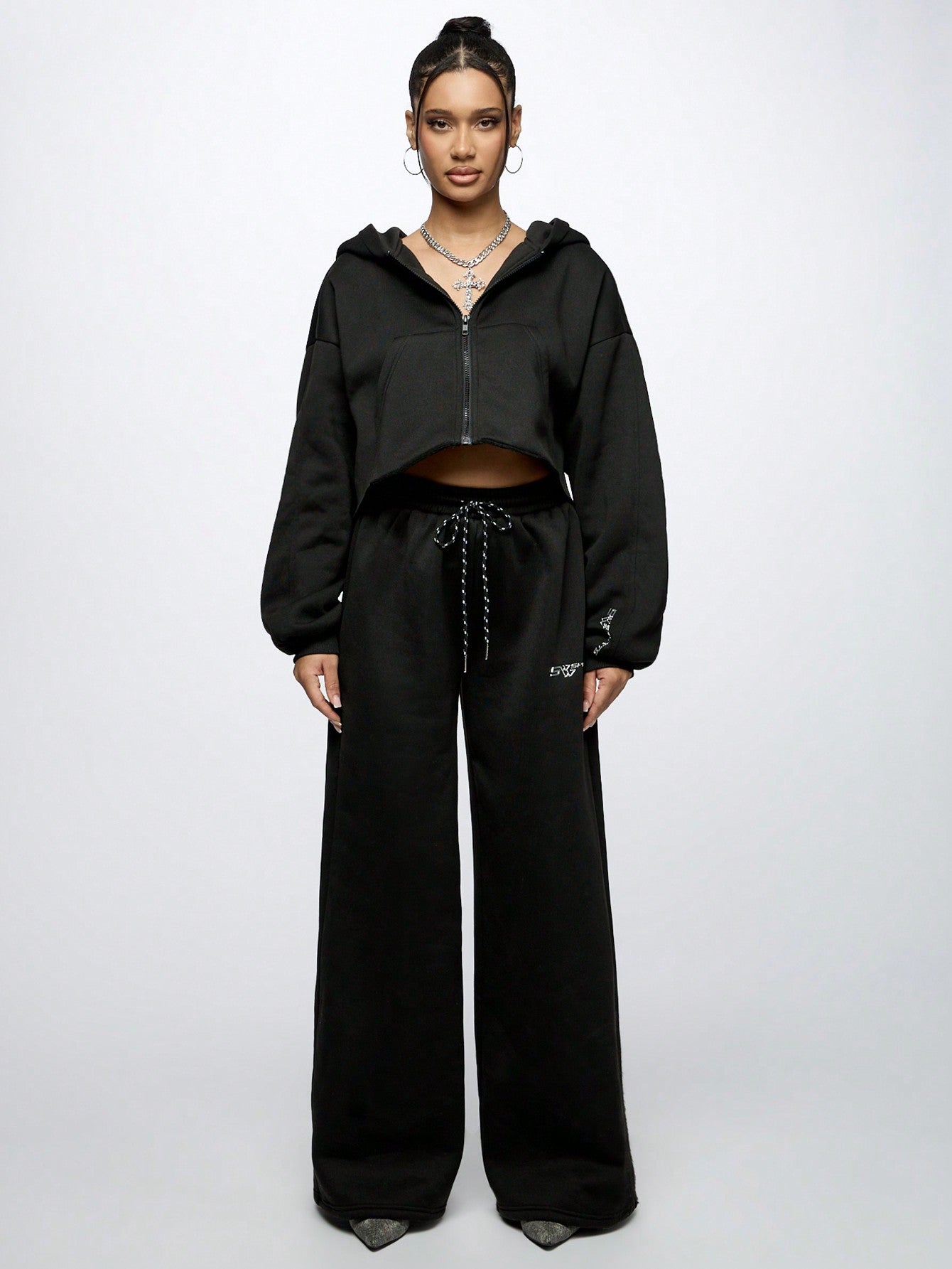 SUMWON WOMEN Oversized Crop Zip Up Hoodie And Wide Leg Jogger Set