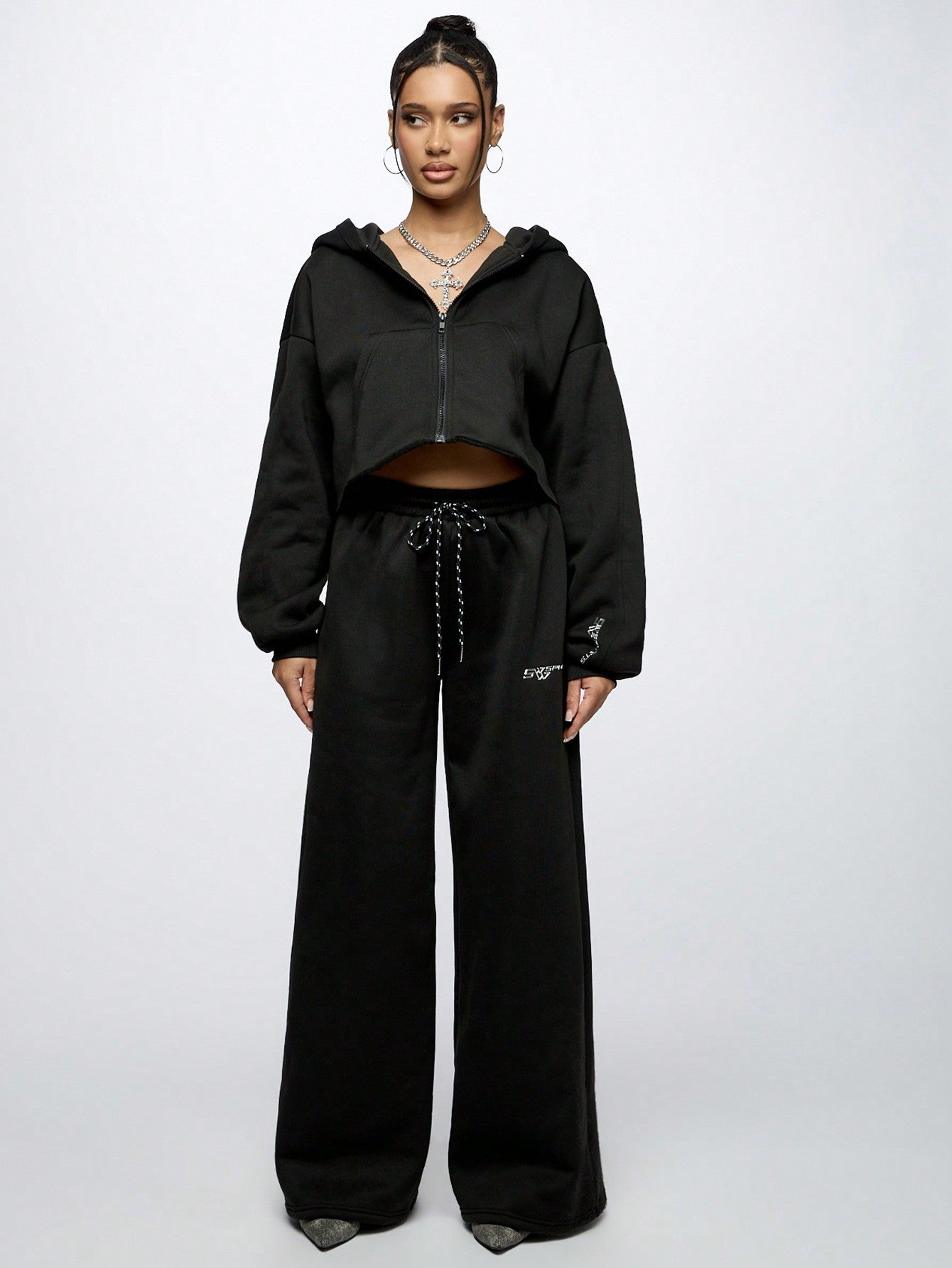 SUMWON WOMEN Oversized Crop Zip Up Hoodie And Wide Leg Jogger Set