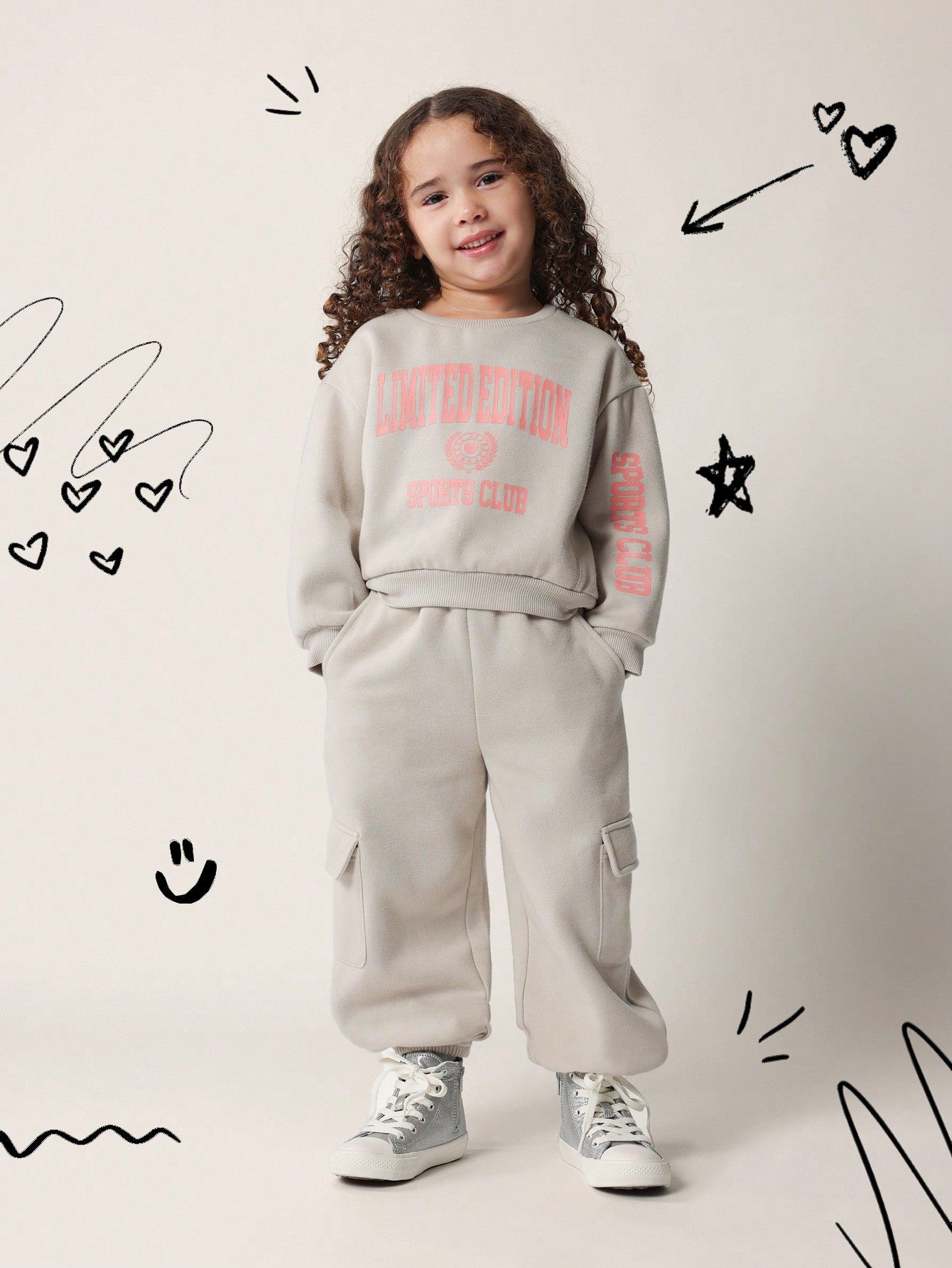 Young Girls Soft Crop Sweatshirt With Graphic Print And Cuff Cargo Jogger 2 Piece Set