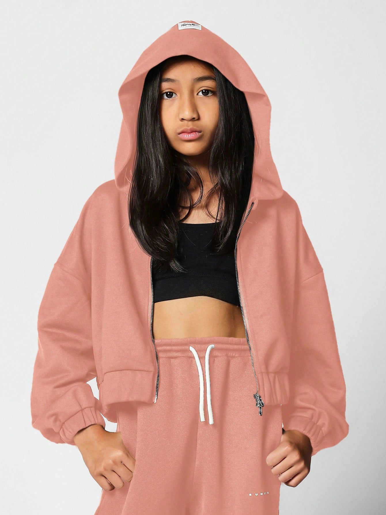 Tween Girl Crop Fit Zip Through Essential Hoodie