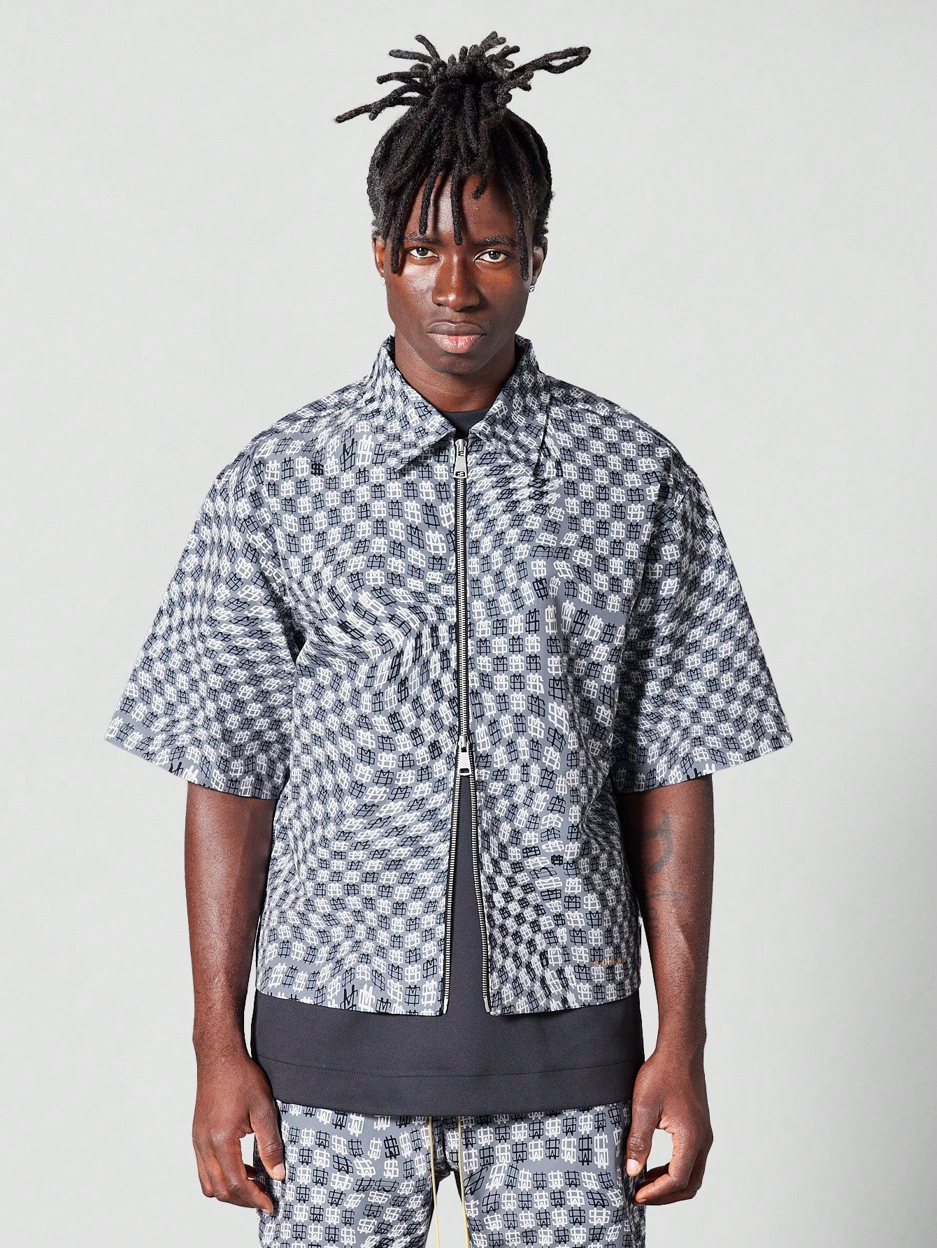 Boxy Fit Nylon Zip Shirt With All Over Print